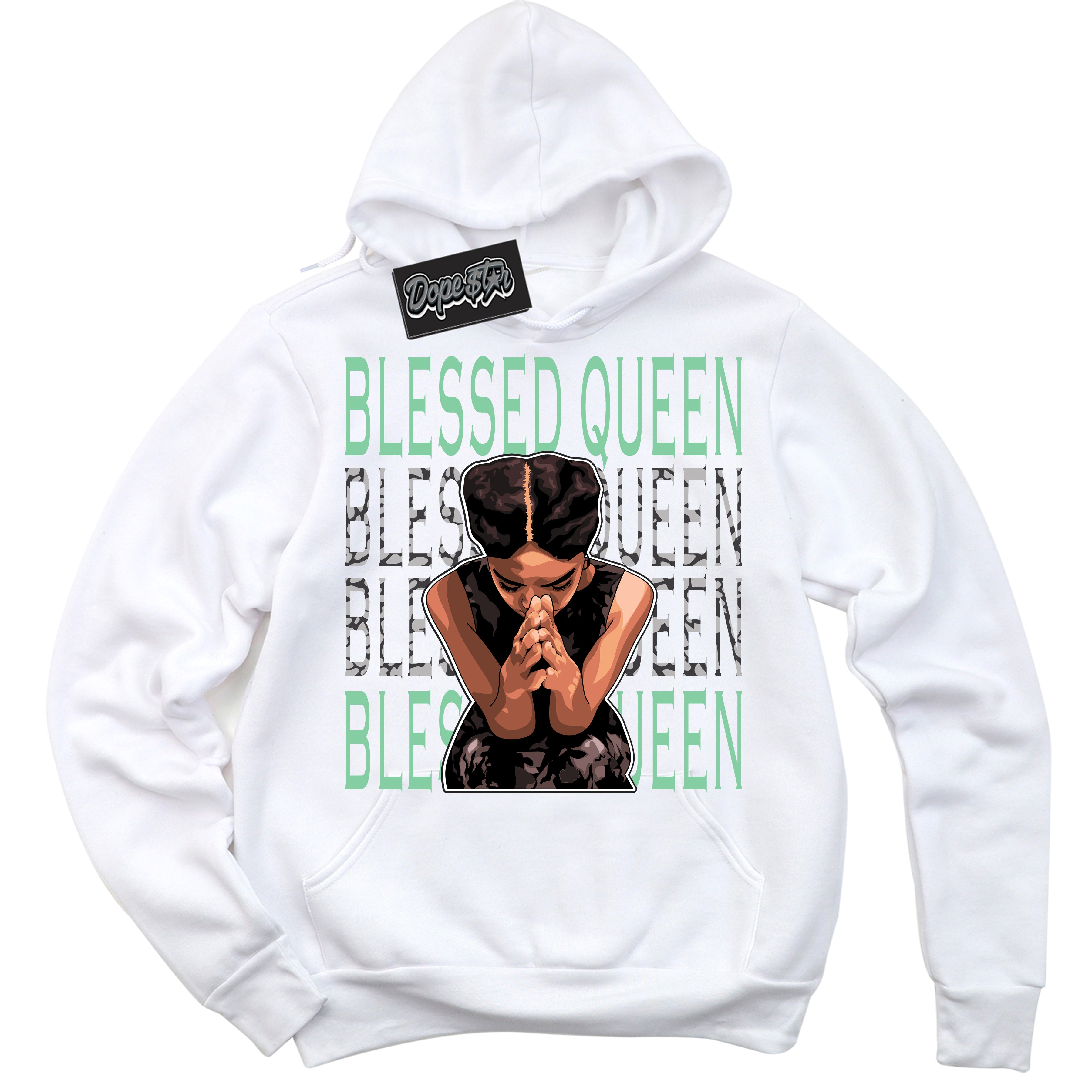 Cool White Graphic DopeStar Hoodie with “ Blessed Queen “ print, that perfectly matches Green Glow 3s sneakers