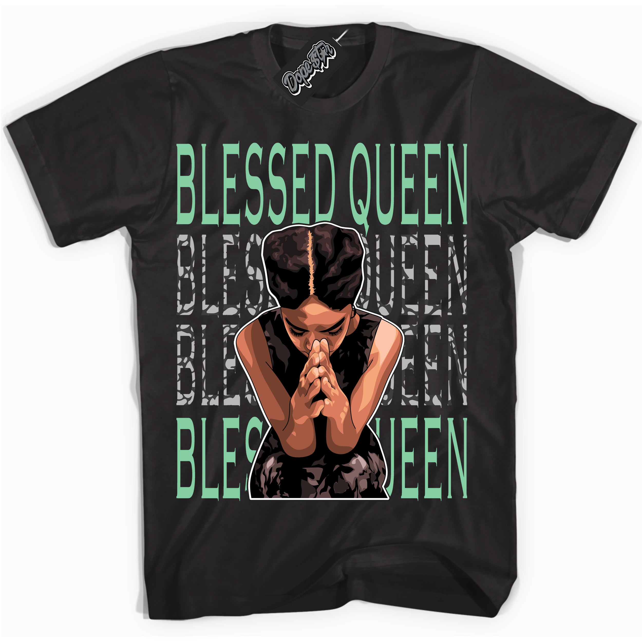 Cool Black graphic tee with “ Blessed Queen ” design, that perfectly matches Green Glow 3s sneakers 