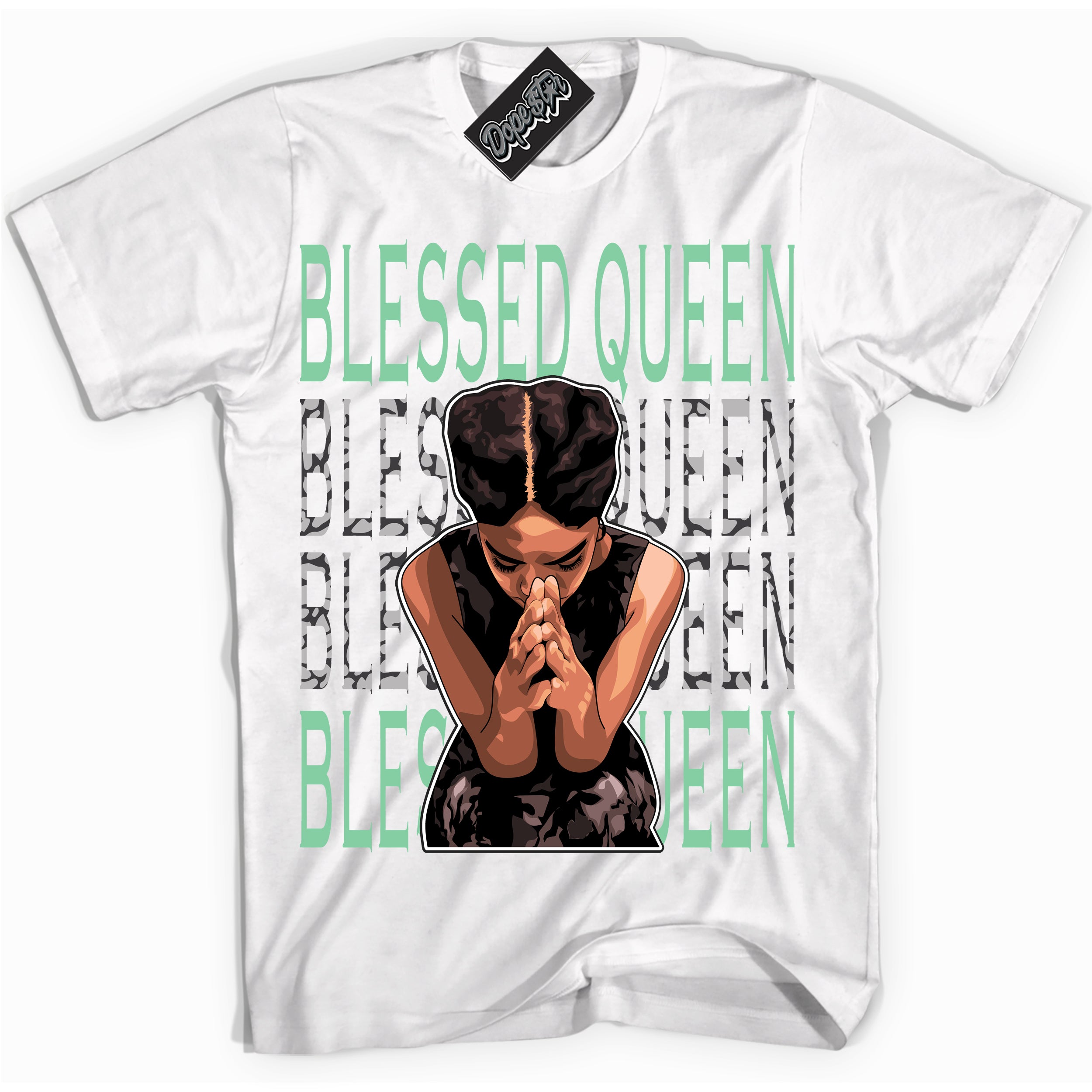 Cool White graphic tee with “ Blessed Queen ” design, that perfectly matches Green Glow 3s sneakers 