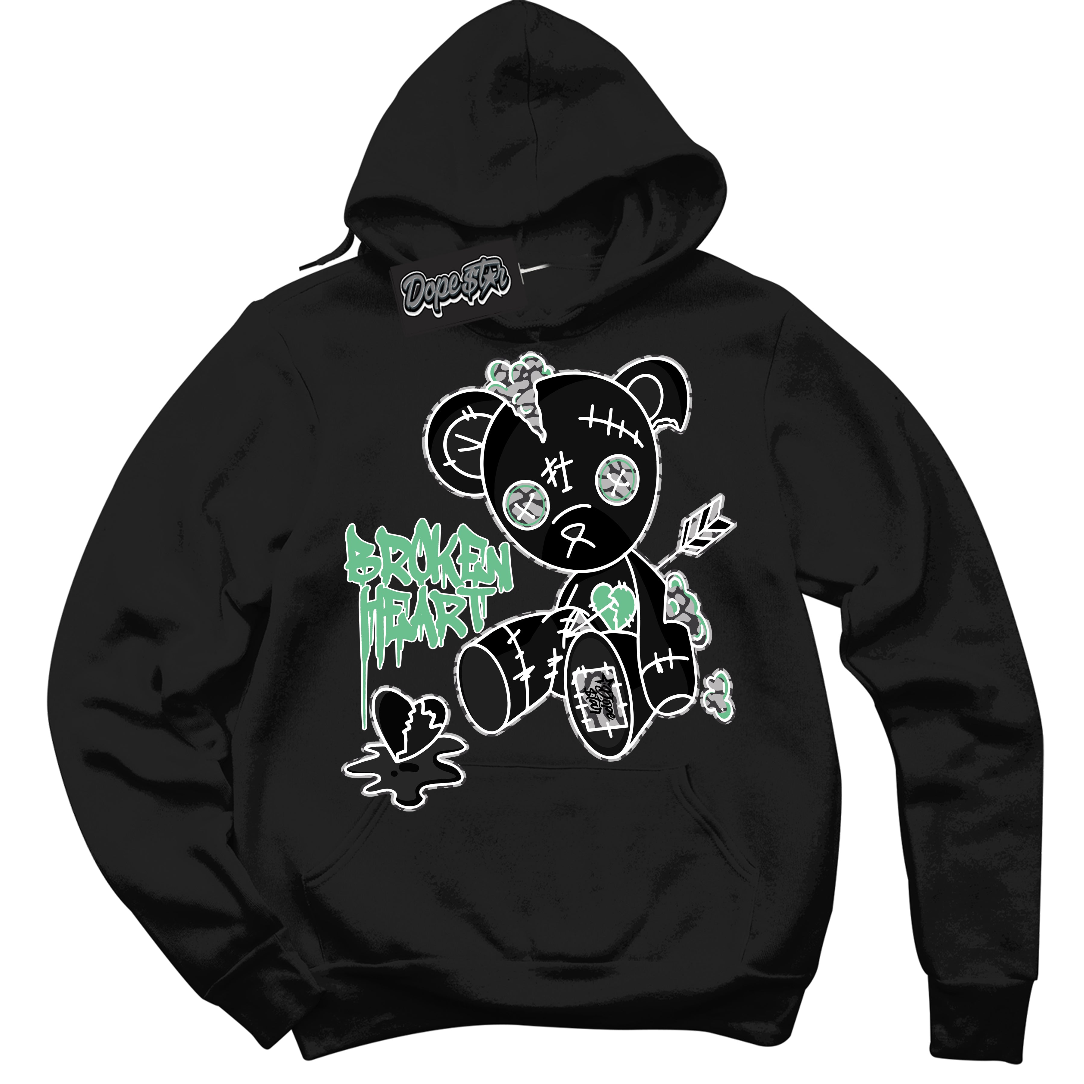 Cool Black Graphic DopeStar Hoodie with “ Broken Heart Bear “ print, that perfectly matches Green Glow 3S sneakers