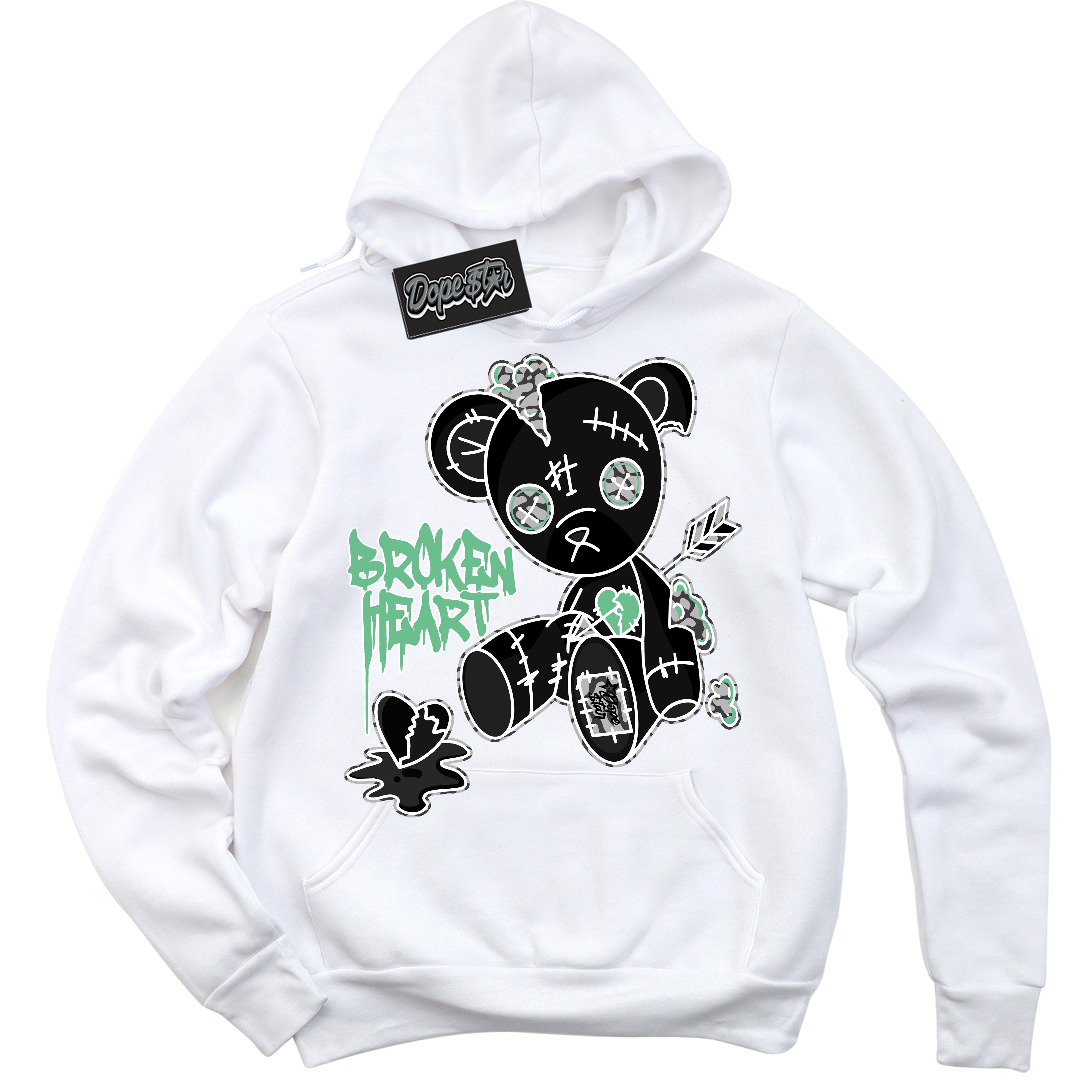 Cool White Graphic DopeStar Hoodie with “ Broken Heart Bear “ print, that perfectly matches Green Glow 3s sneakers