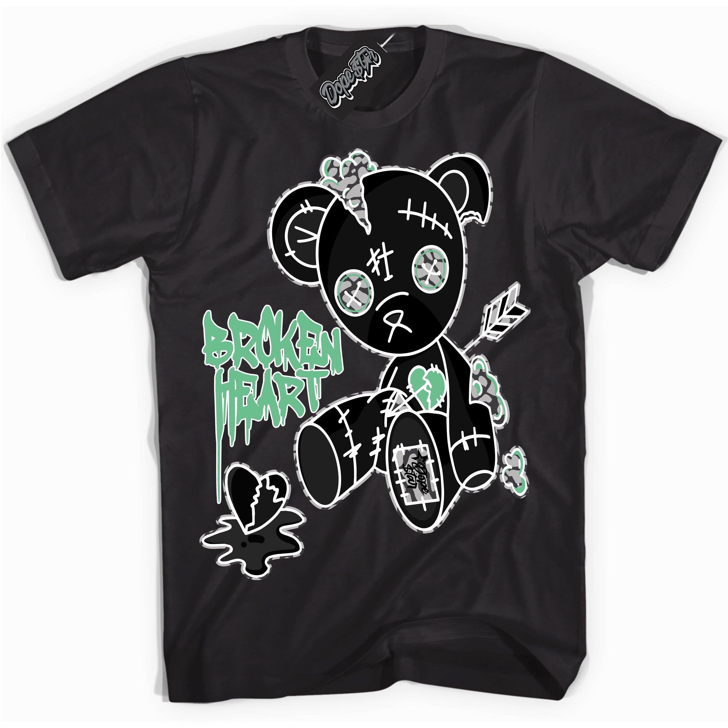Cool Black graphic tee with “ Broken Heart Bear ” design, that perfectly matches Green Glow 3s sneakers 