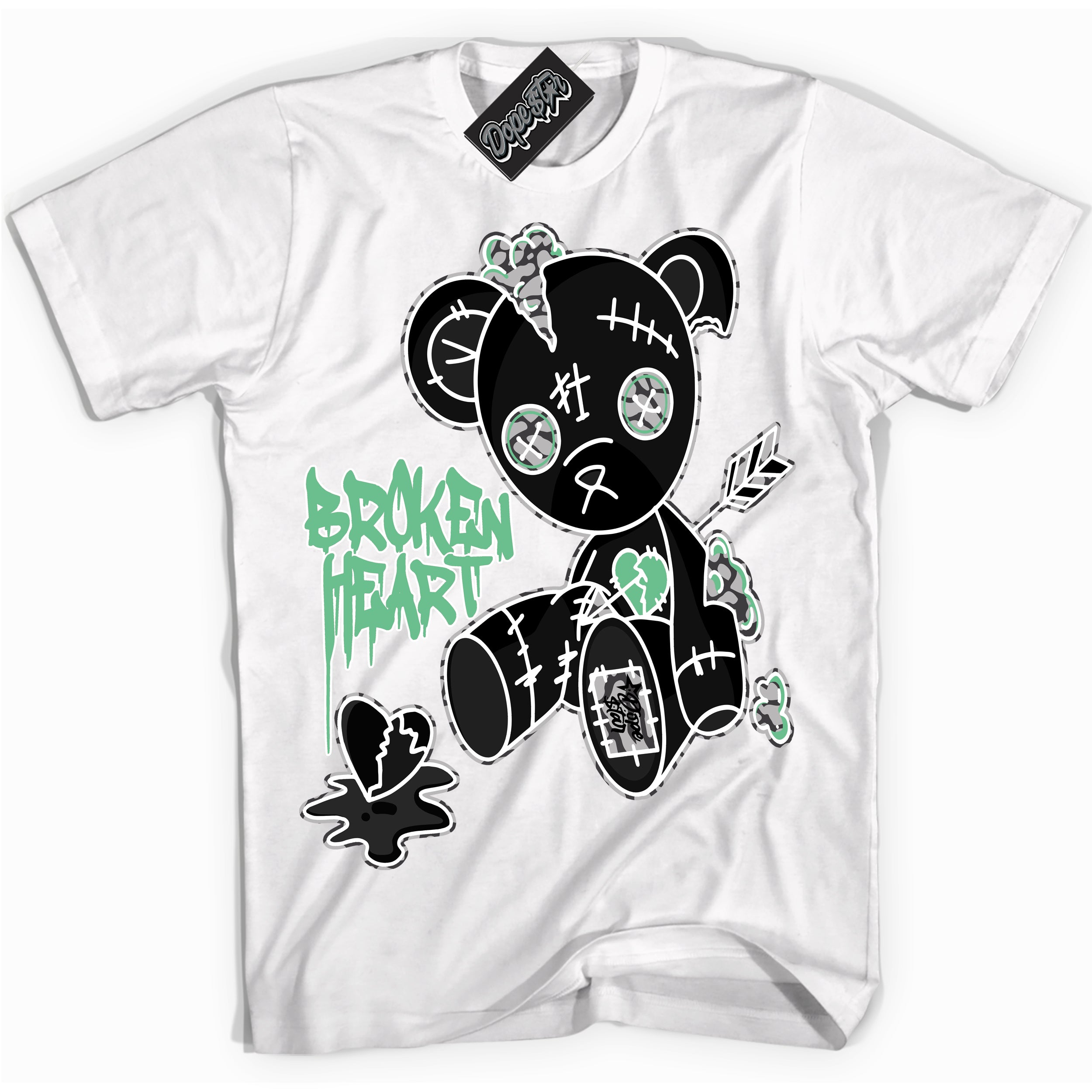 Cool White graphic tee with “ Broken Heart Bear ” design, that perfectly matches Green Glow 3s sneakers 