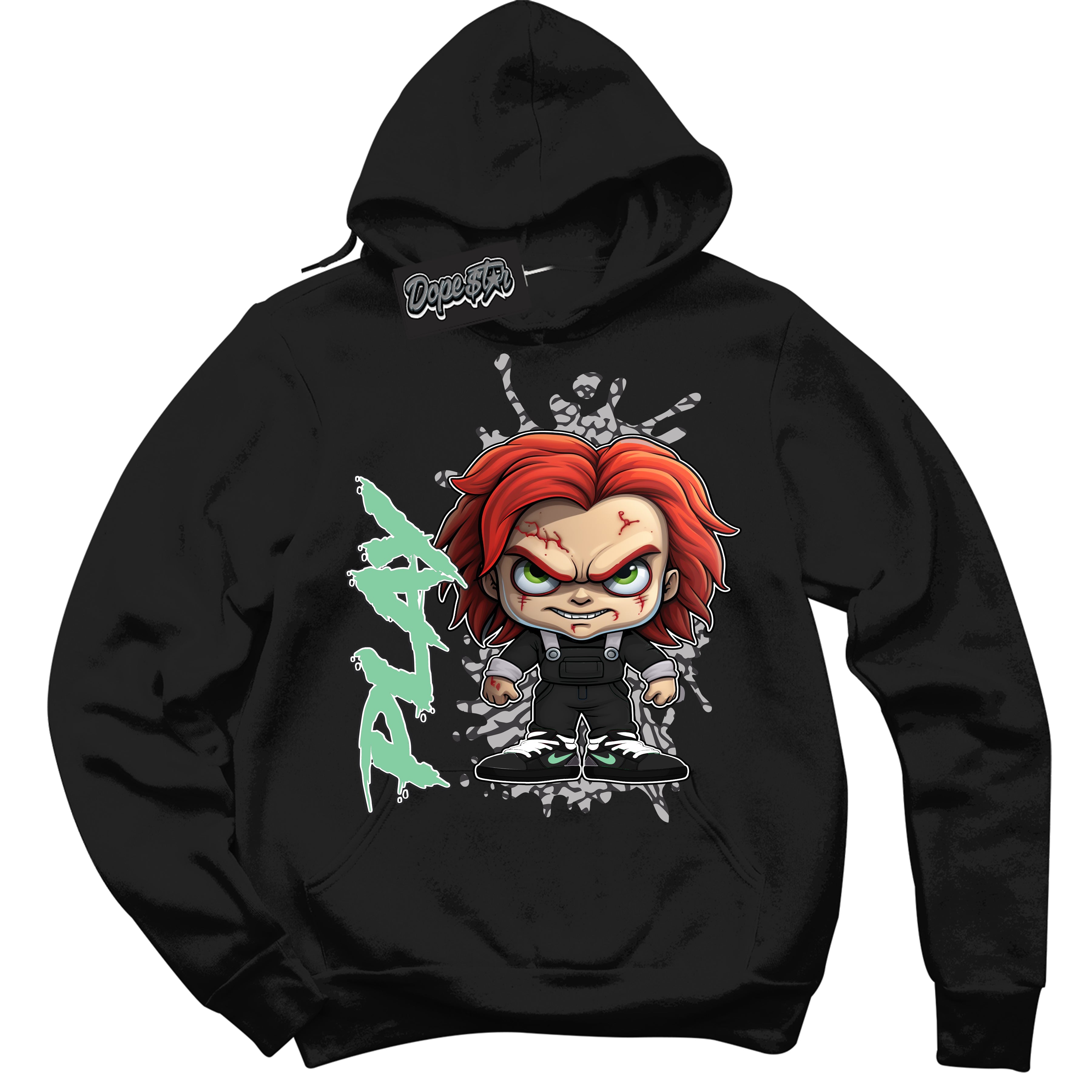 Cool Black Graphic DopeStar Hoodie with “ Chucky Play “ print, that perfectly matches Green Glow 3S sneakers