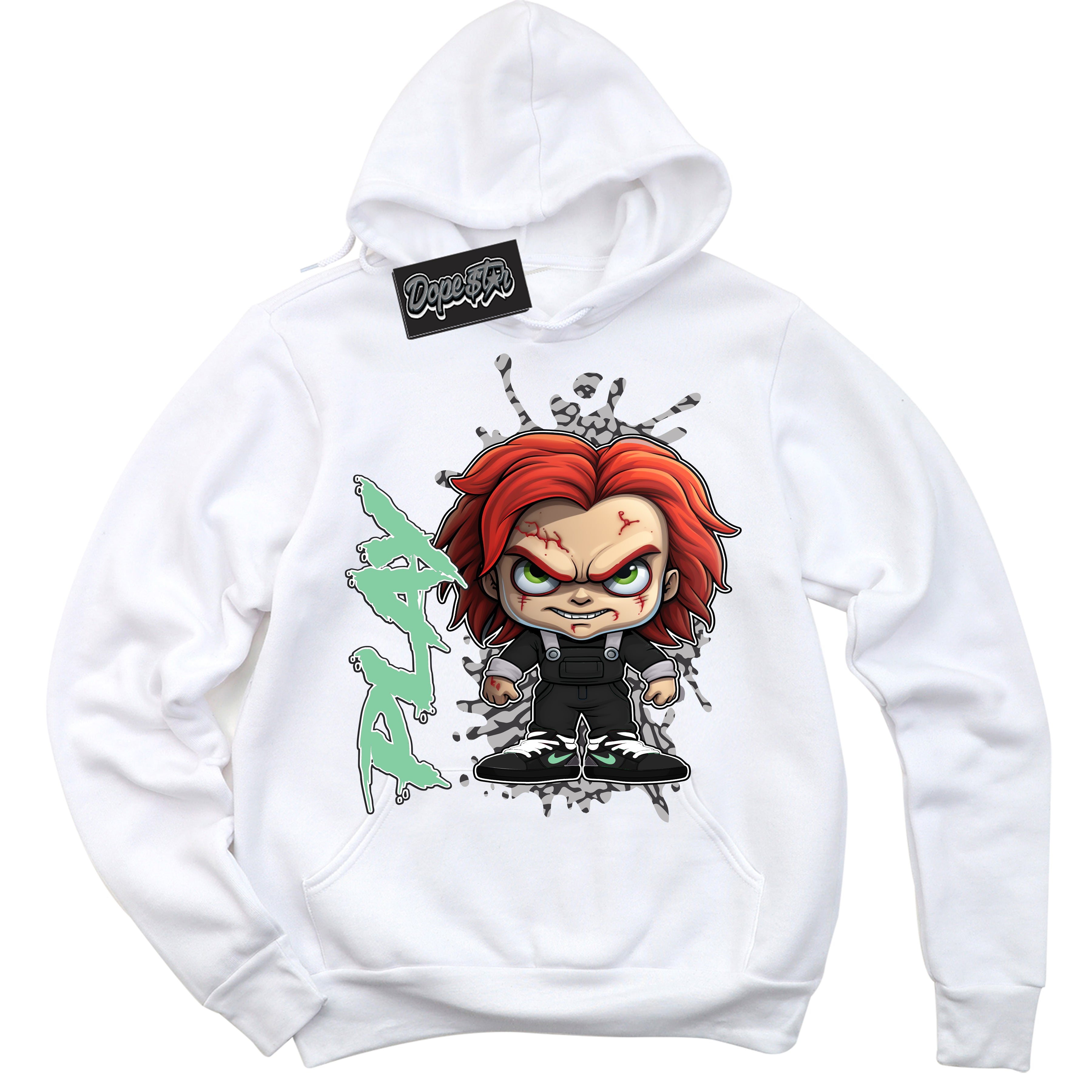 Cool White Graphic DopeStar Hoodie with “ Chucky Play “ print, that perfectly matches Green Glow 3s sneakers