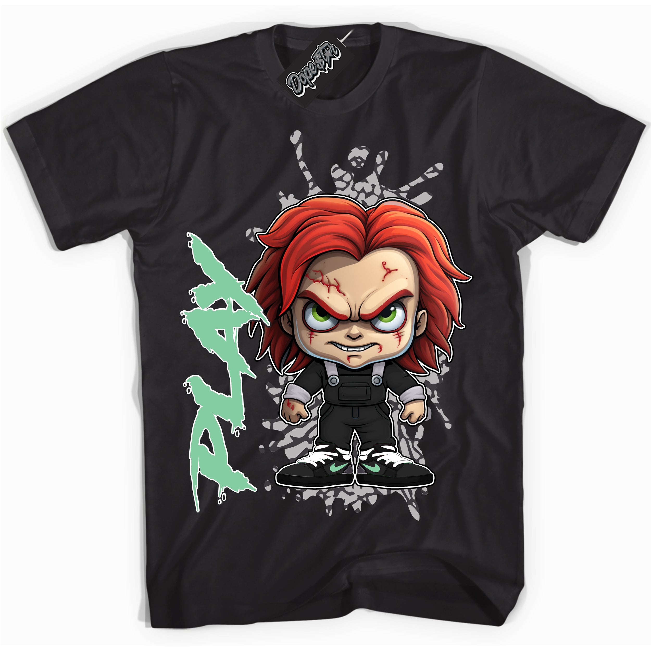 Cool Black graphic tee with “ Chucky Play ” design, that perfectly matches Green Glow 3s sneakers 