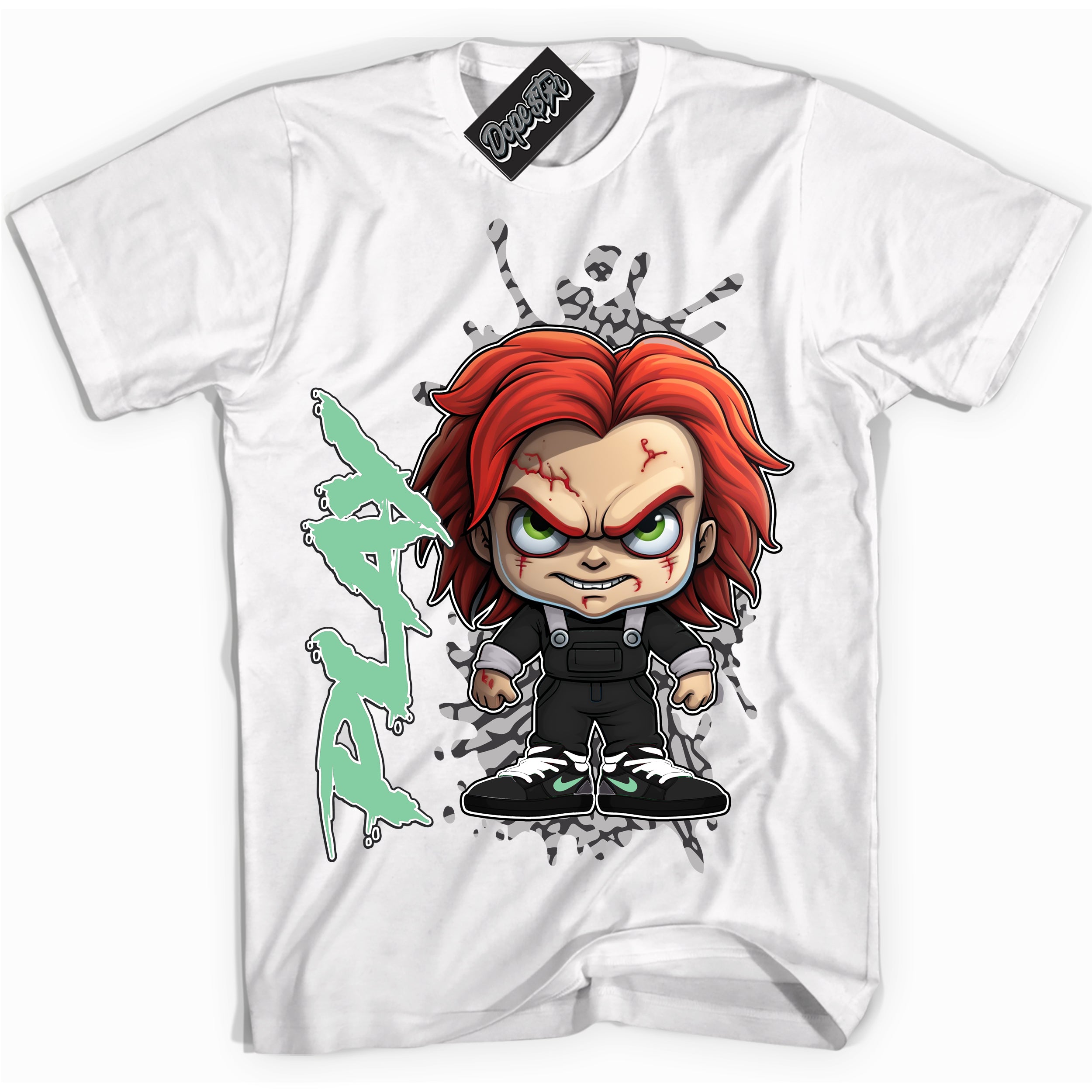 Cool White graphic tee with “ Chucky Play ” design, that perfectly matches Green Glow 3s sneakers 