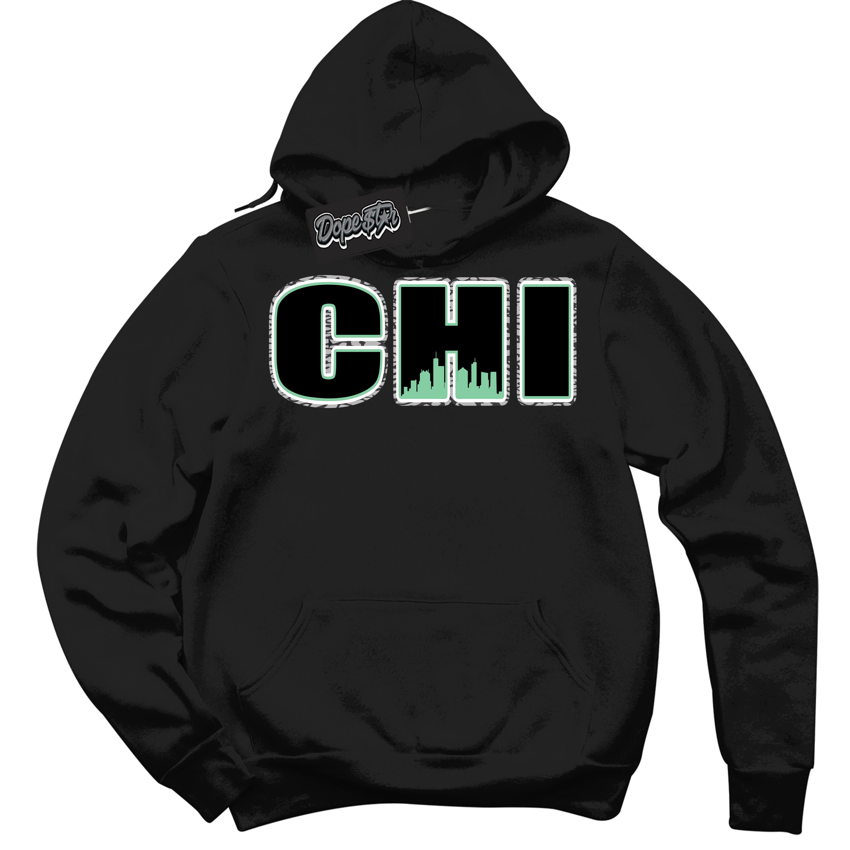 Cool Black Graphic DopeStar Hoodie with “ Chicago “ print, that perfectly matches Green Glow 3S sneakers