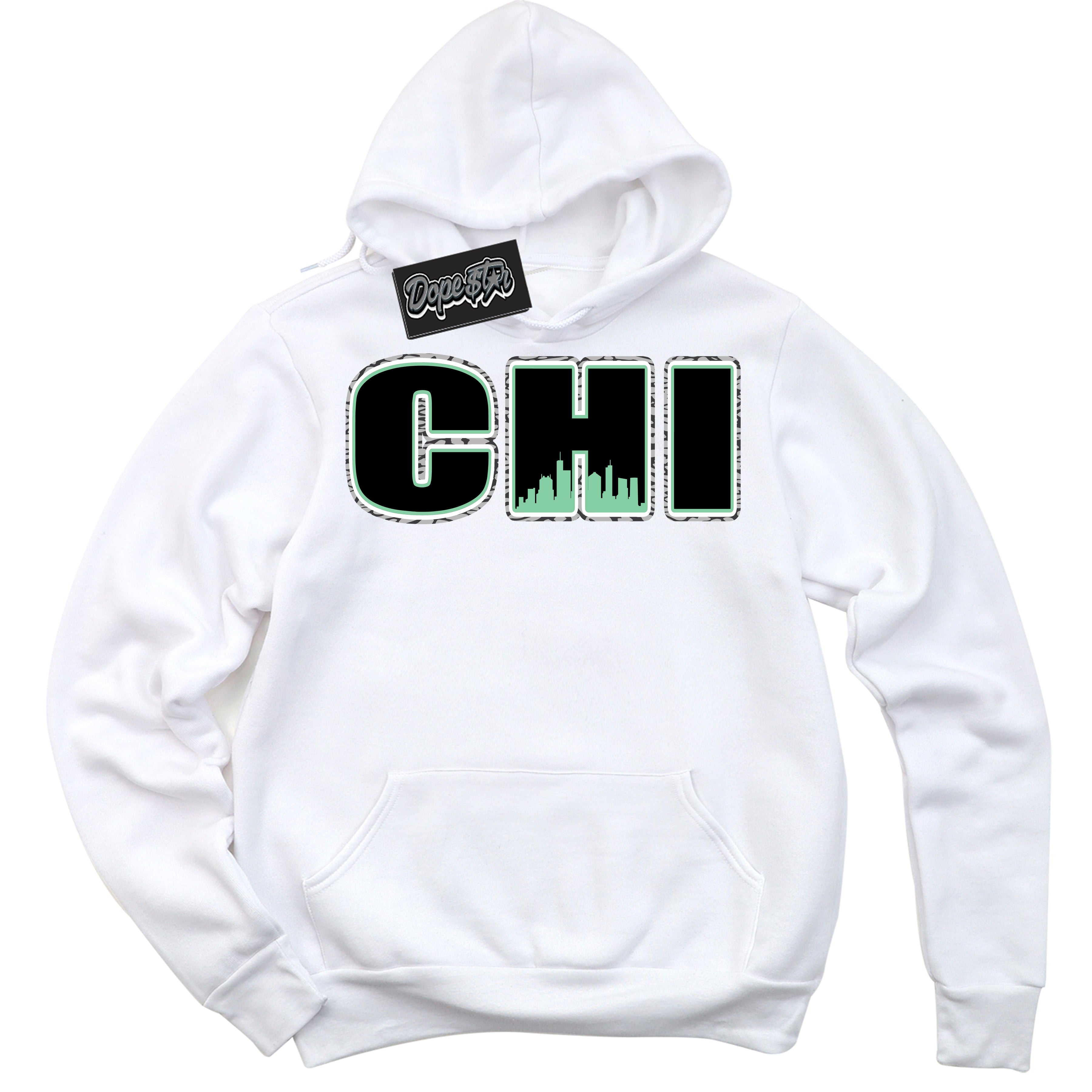 Cool White Graphic DopeStar Hoodie with “ Chicago “ print, that perfectly matches Green Glow 3s sneakers