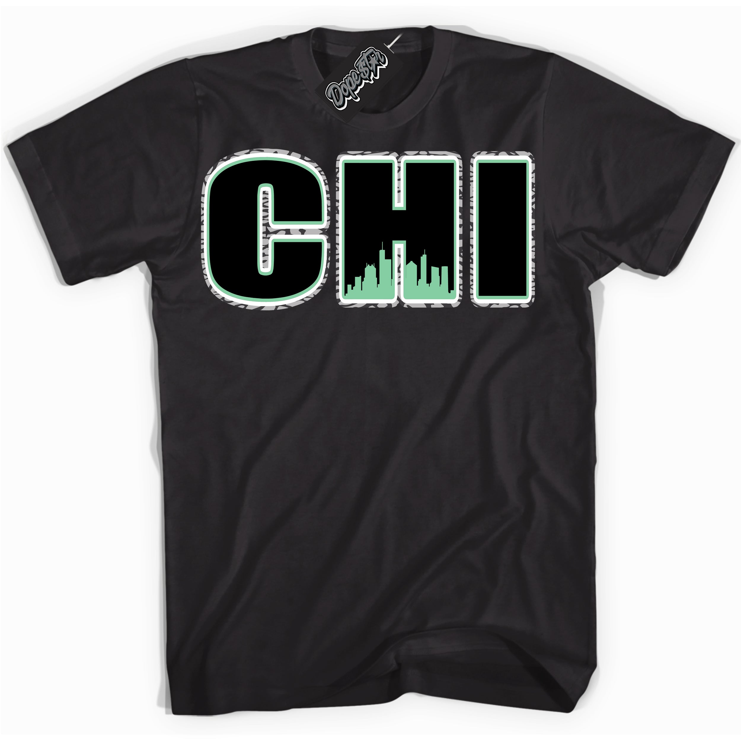 Cool Black graphic tee with “ Chicago ” design, that perfectly matches Green Glow 3s sneakers 