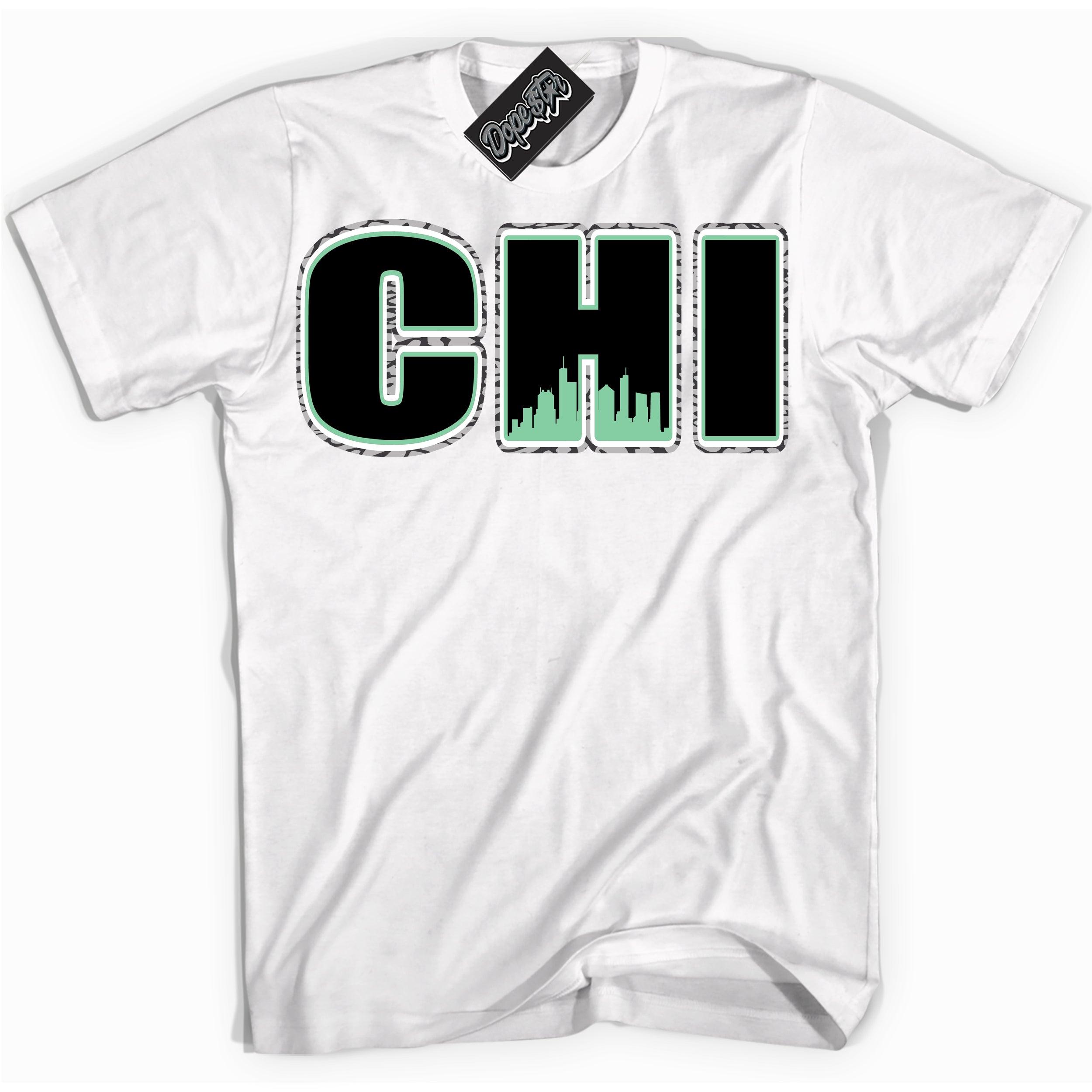 Cool White graphic tee with “ Chicago ” design, that perfectly matches Green Glow 3s sneakers 