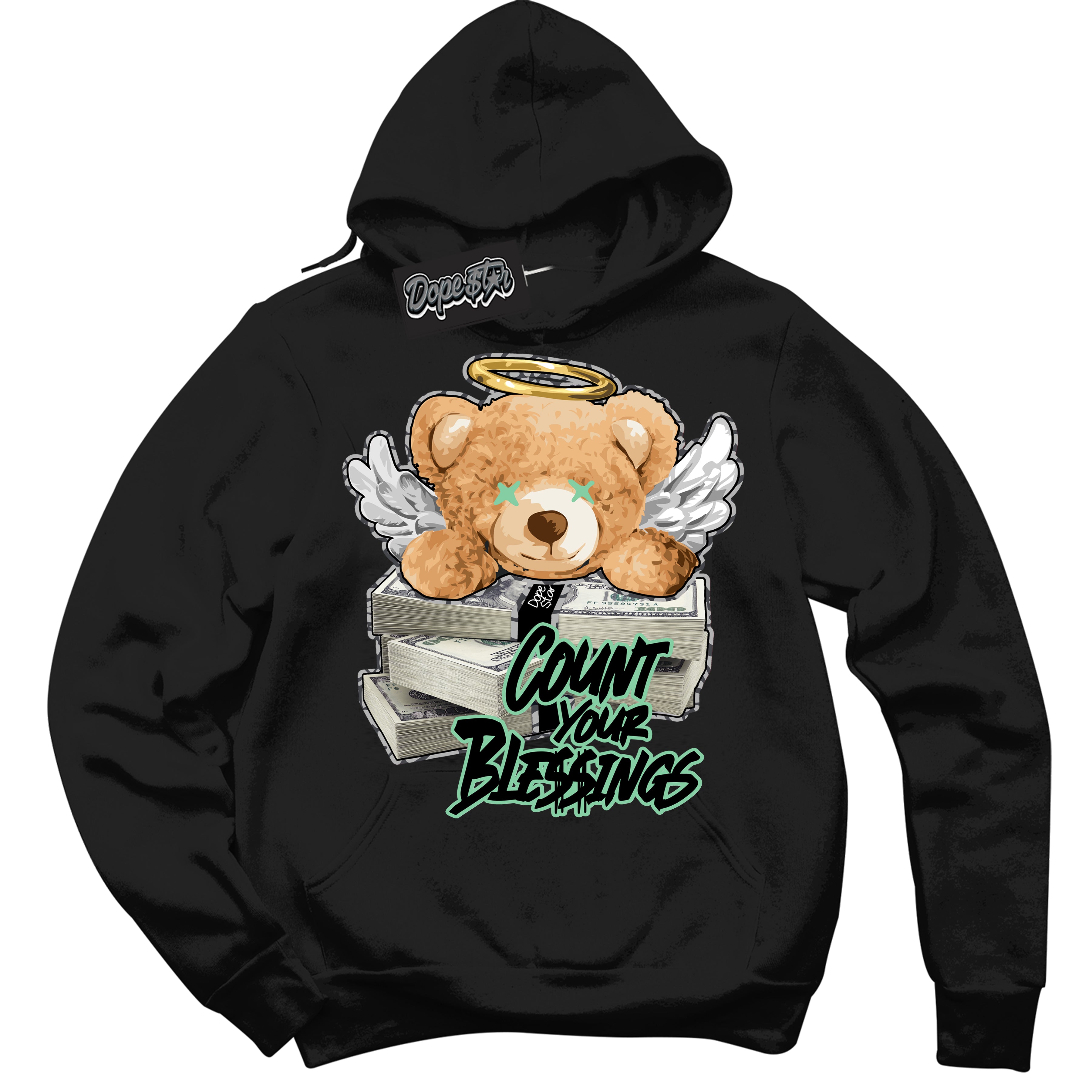 Cool Black Graphic DopeStar Hoodie with “ Count Your Blessings “ print, that perfectly matches Green Glow 3S sneakers