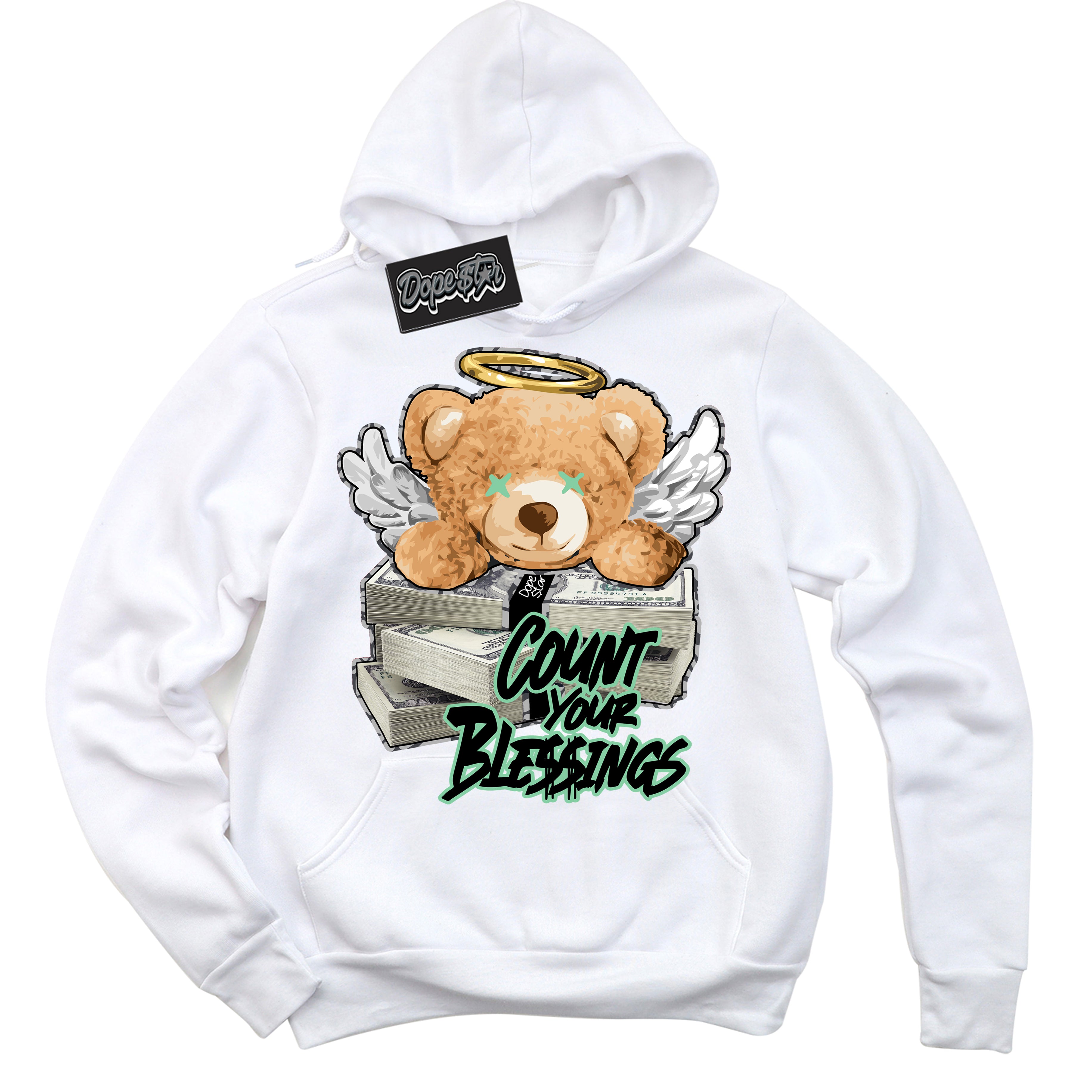 Cool White Graphic DopeStar Hoodie with “ Count Your Blessings “ print, that perfectly matches Green Glow 3s sneakers