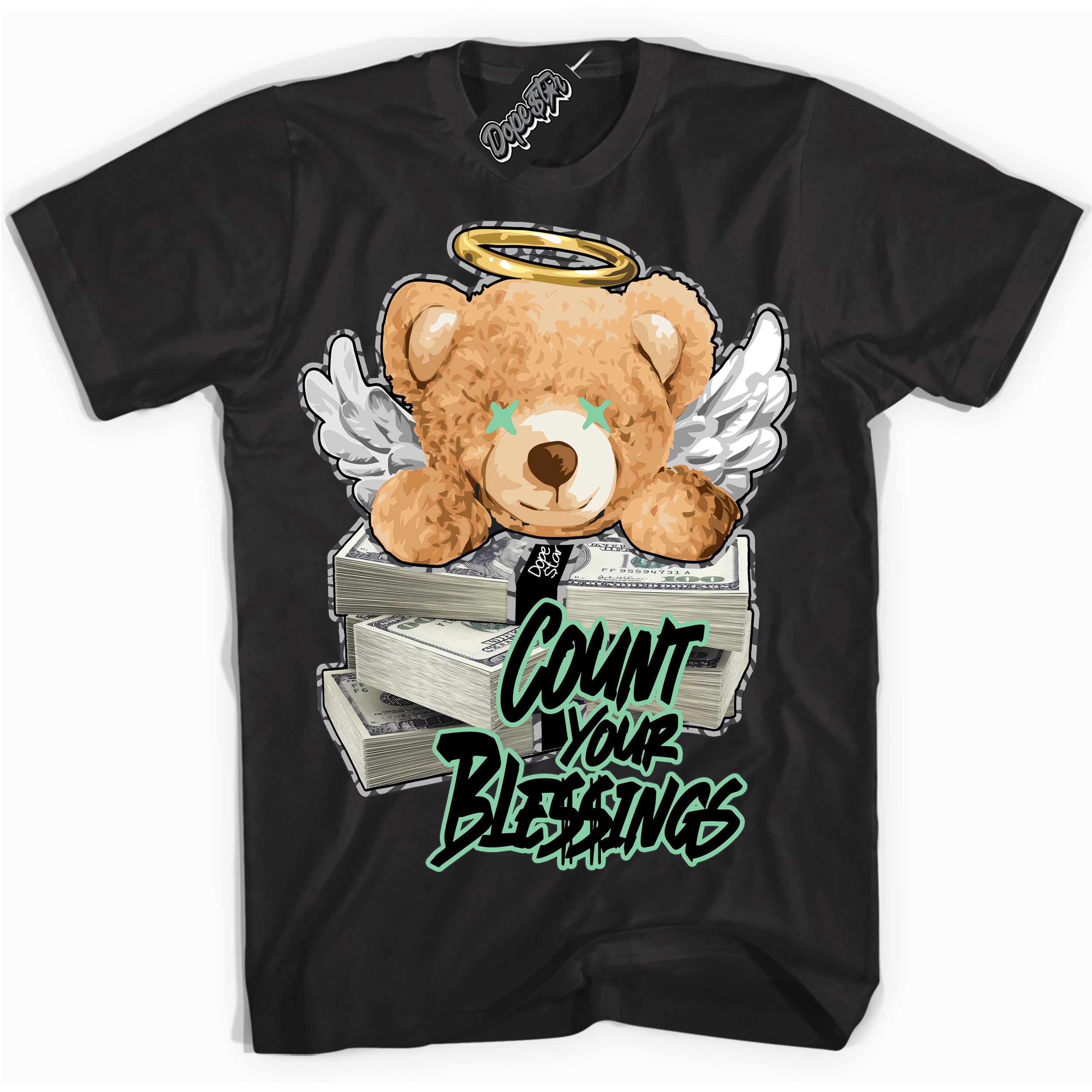Cool Black graphic tee with “ Count Your Blessings ” design, that perfectly matches Green Glow 3s sneakers 