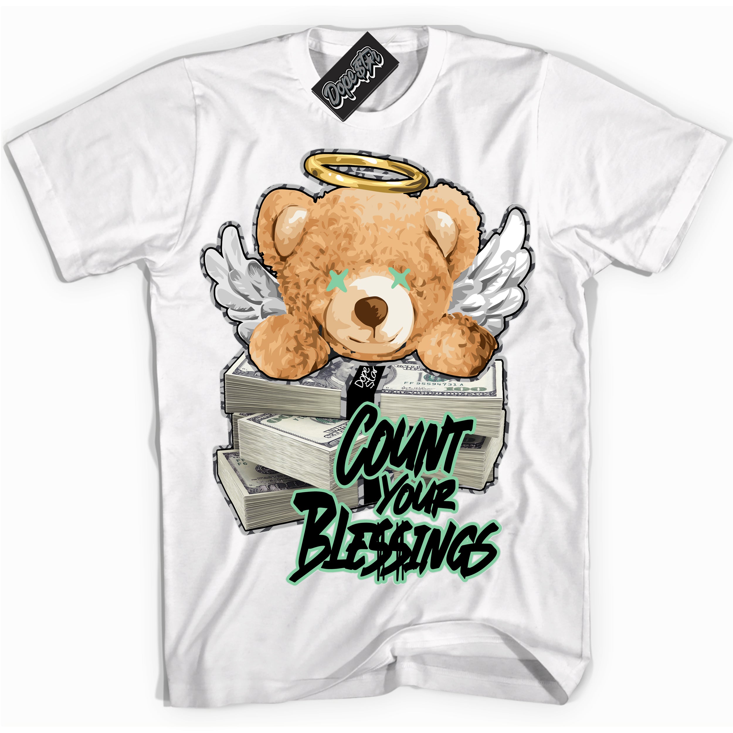 Cool White graphic tee with “ Count Your Blessings ” design, that perfectly matches Green Glow 3s sneakers 