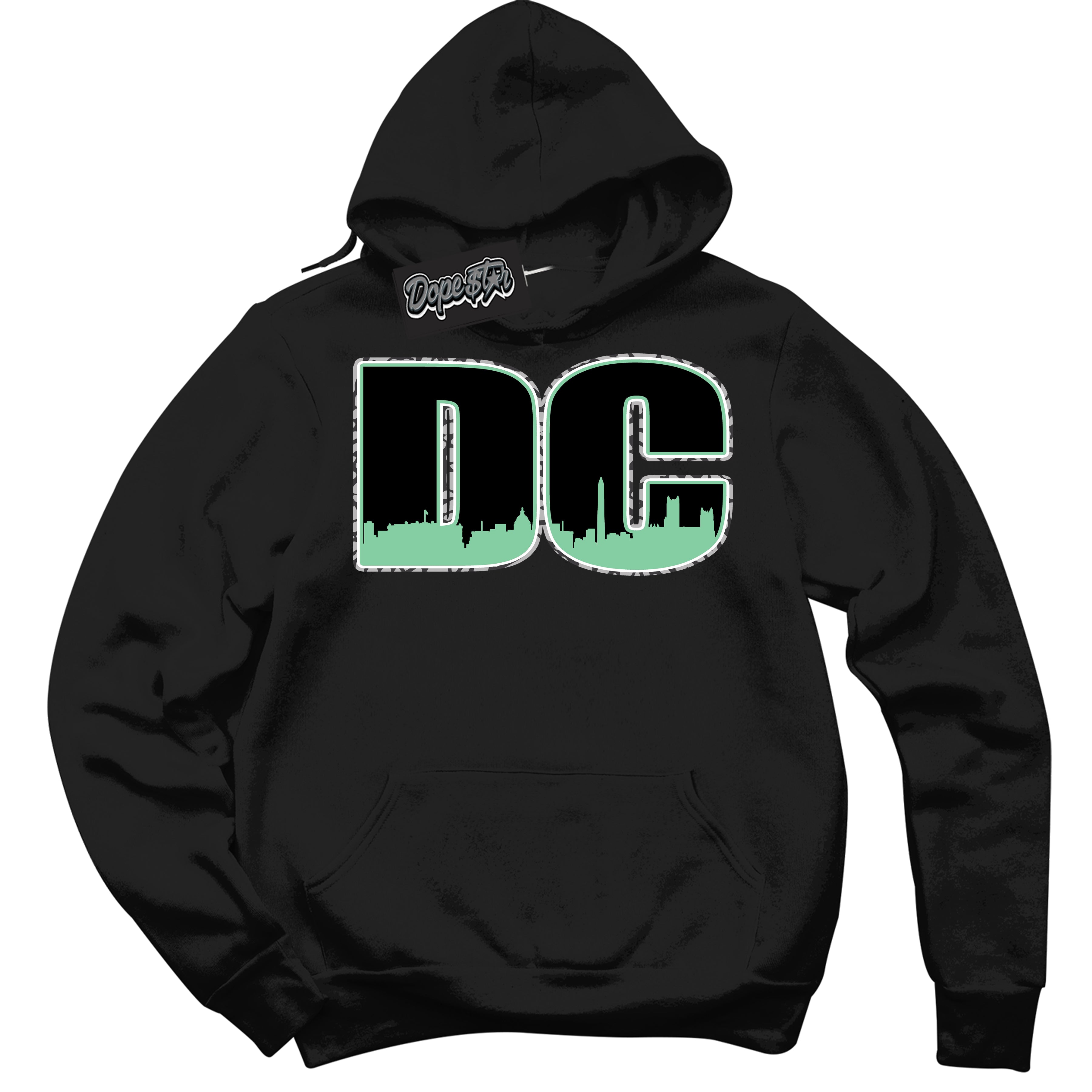 Cool Black Graphic DopeStar Hoodie with “ DC “ print, that perfectly matches Green Glow 3S sneakers