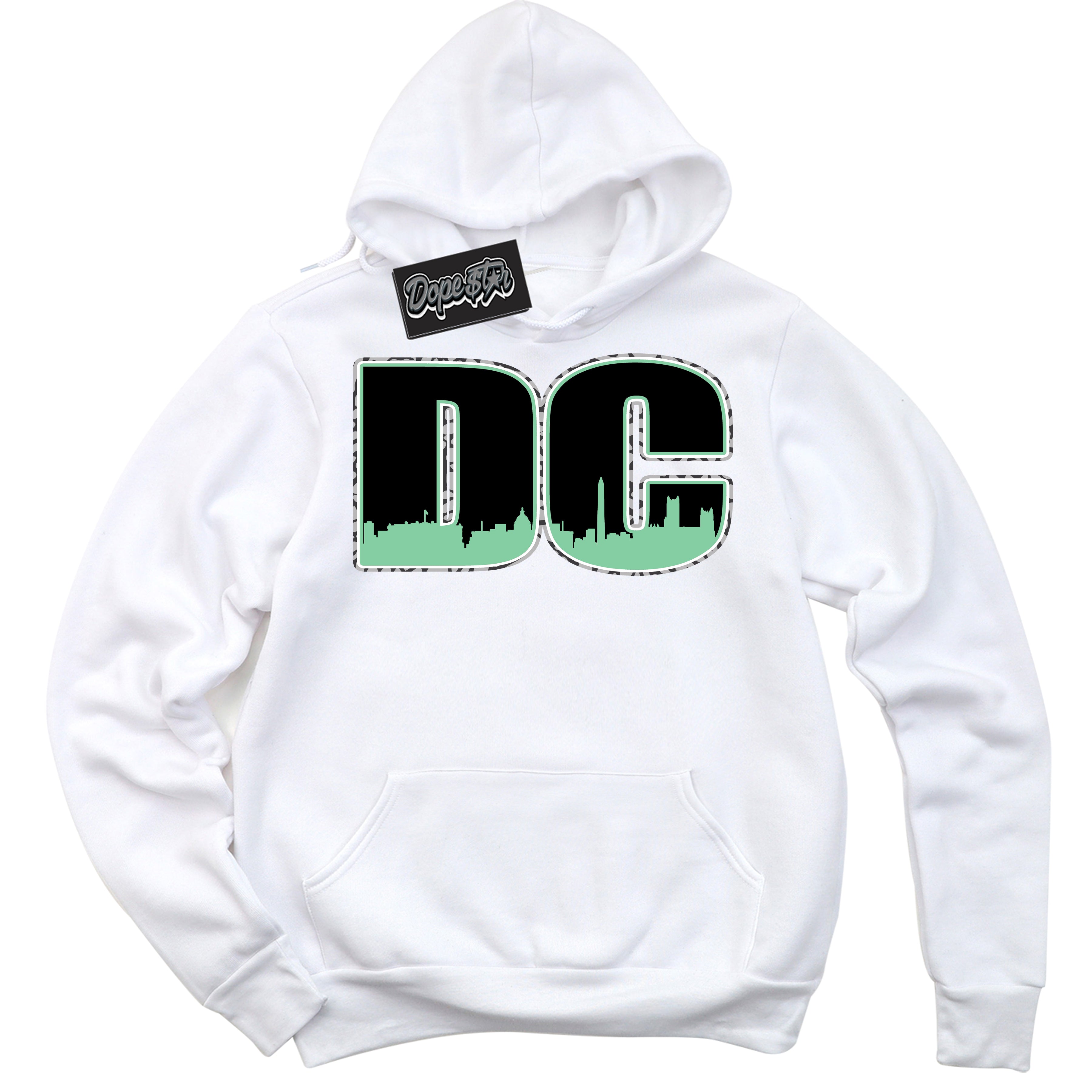 Cool White Graphic DopeStar Hoodie with “ DC “ print, that perfectly matches Green Glow 3s sneakers