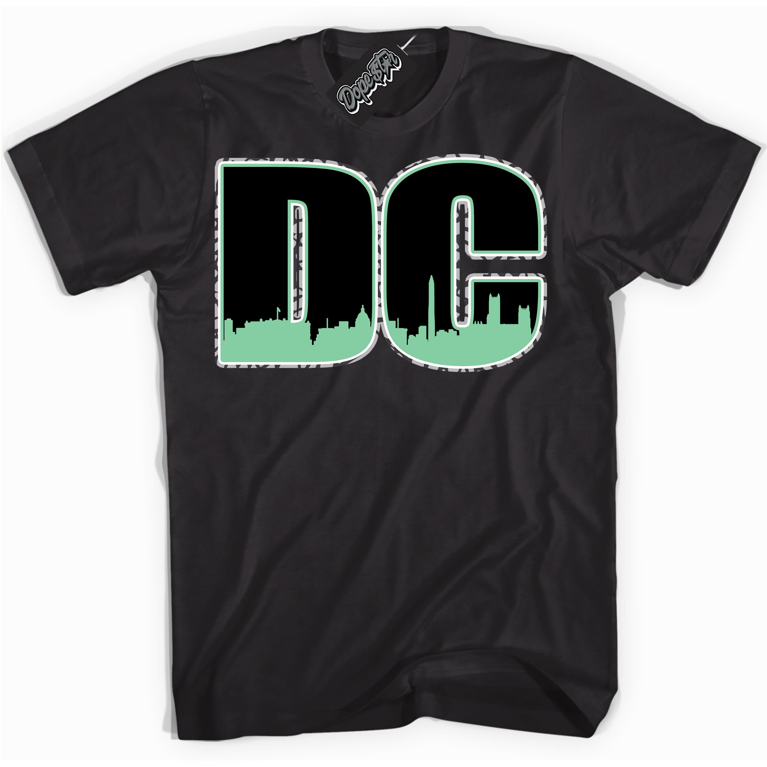 Cool Black graphic tee with “ DC ” design, that perfectly matches Green Glow 3s sneakers 