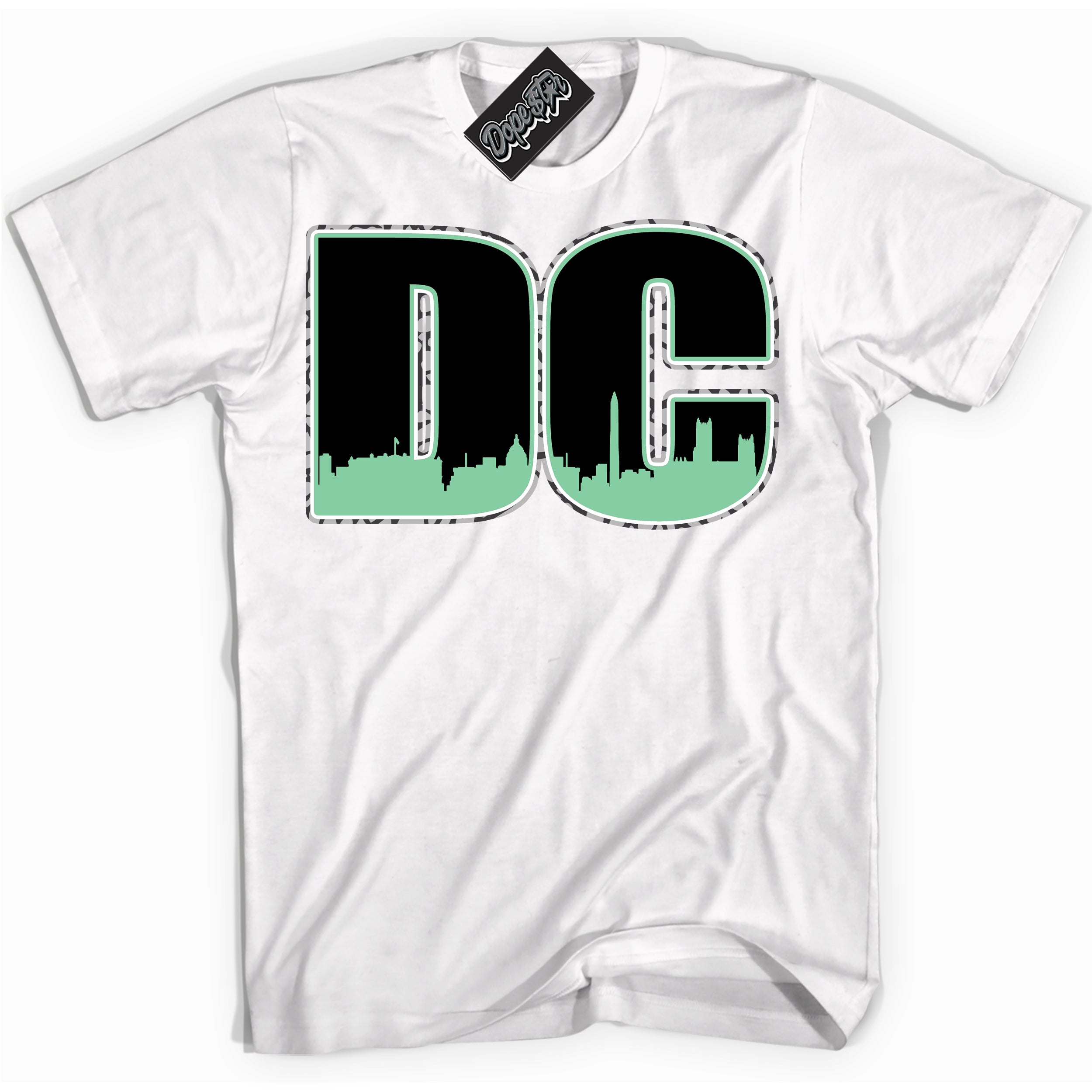 Cool White graphic tee with “ DC ” design, that perfectly matches Green Glow 3s sneakers 