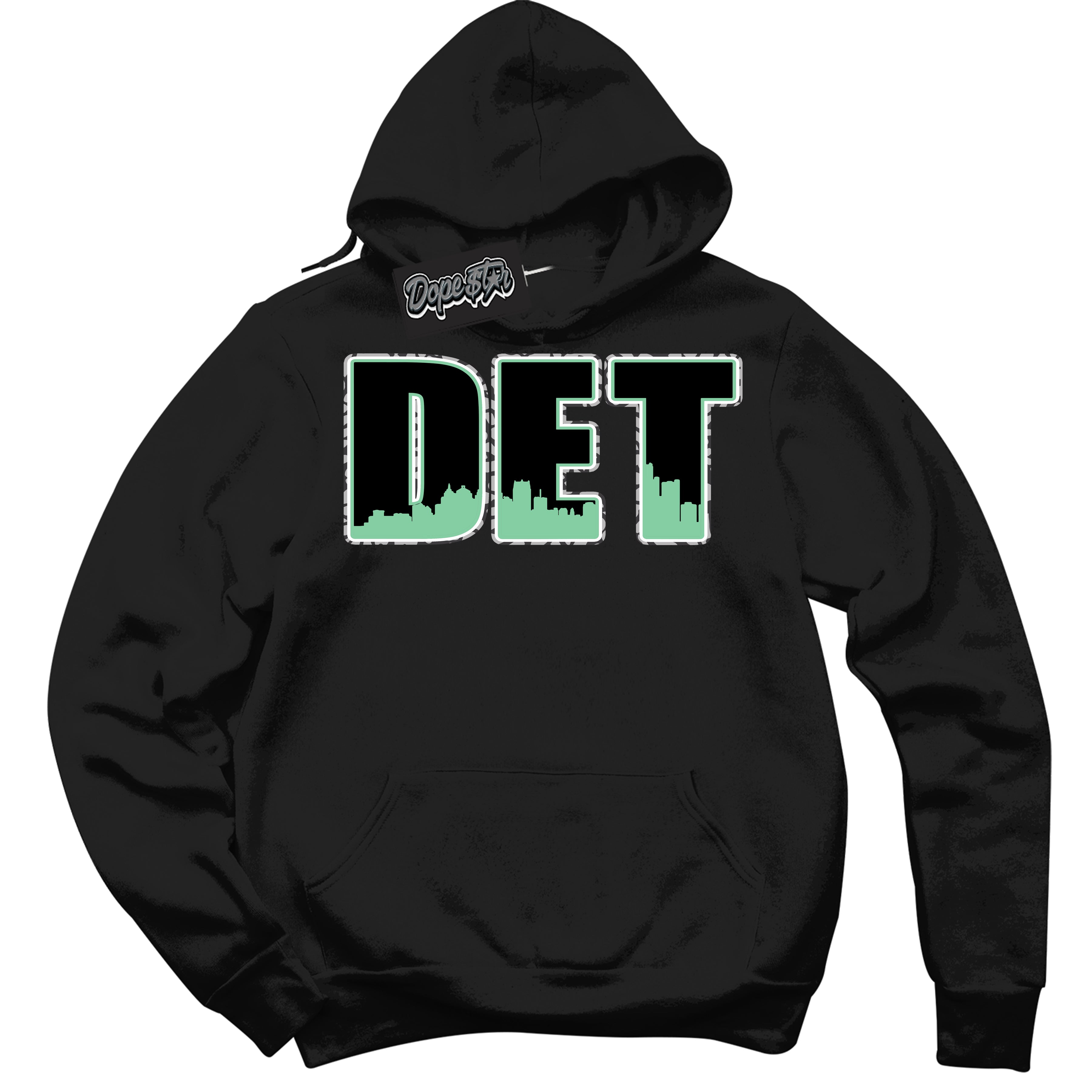Cool Black Graphic DopeStar Hoodie with “ Detroit “ print, that perfectly matches Green Glow 3S sneakers