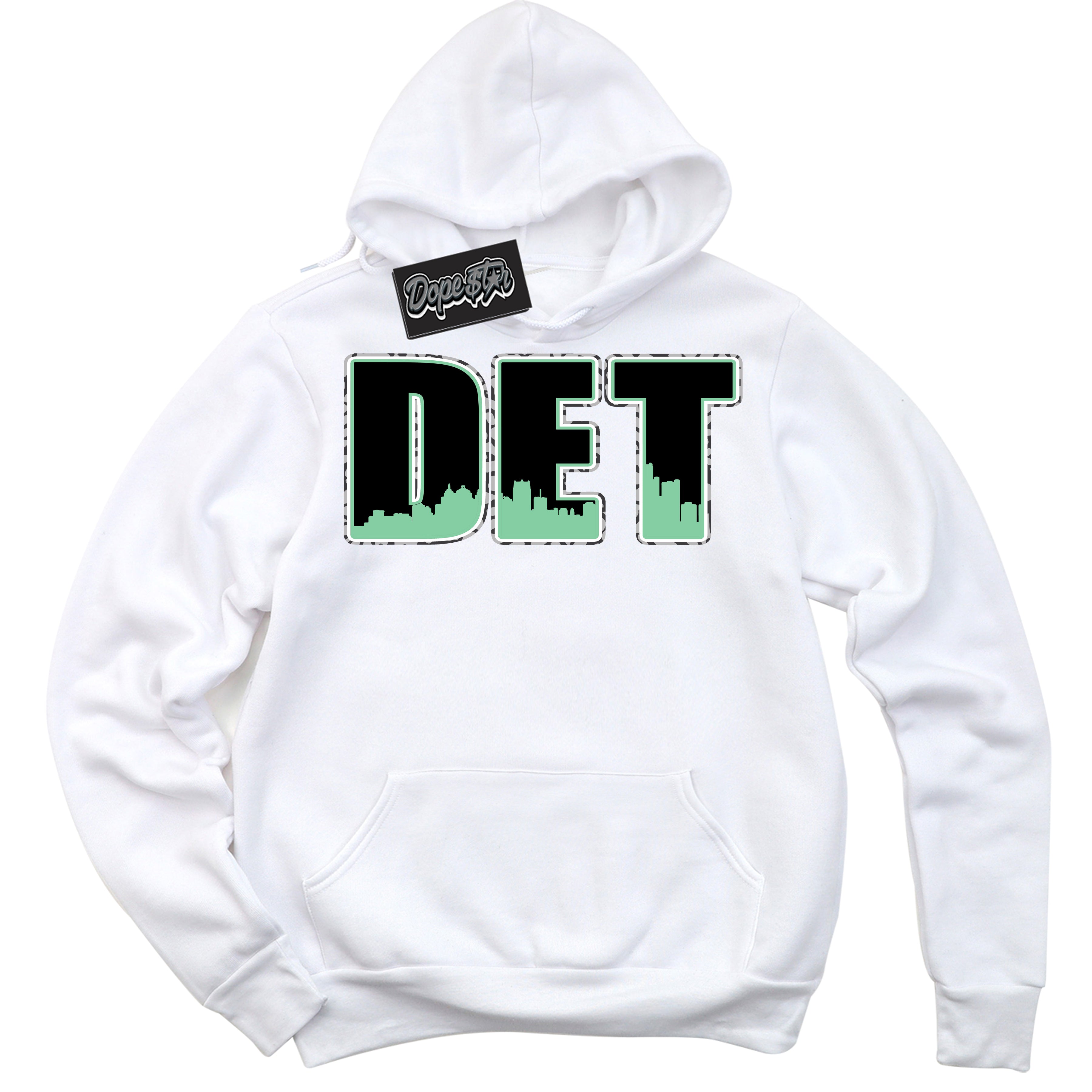 Cool White Graphic DopeStar Hoodie with “ Detroit “ print, that perfectly matches Green Glow 3s sneakers