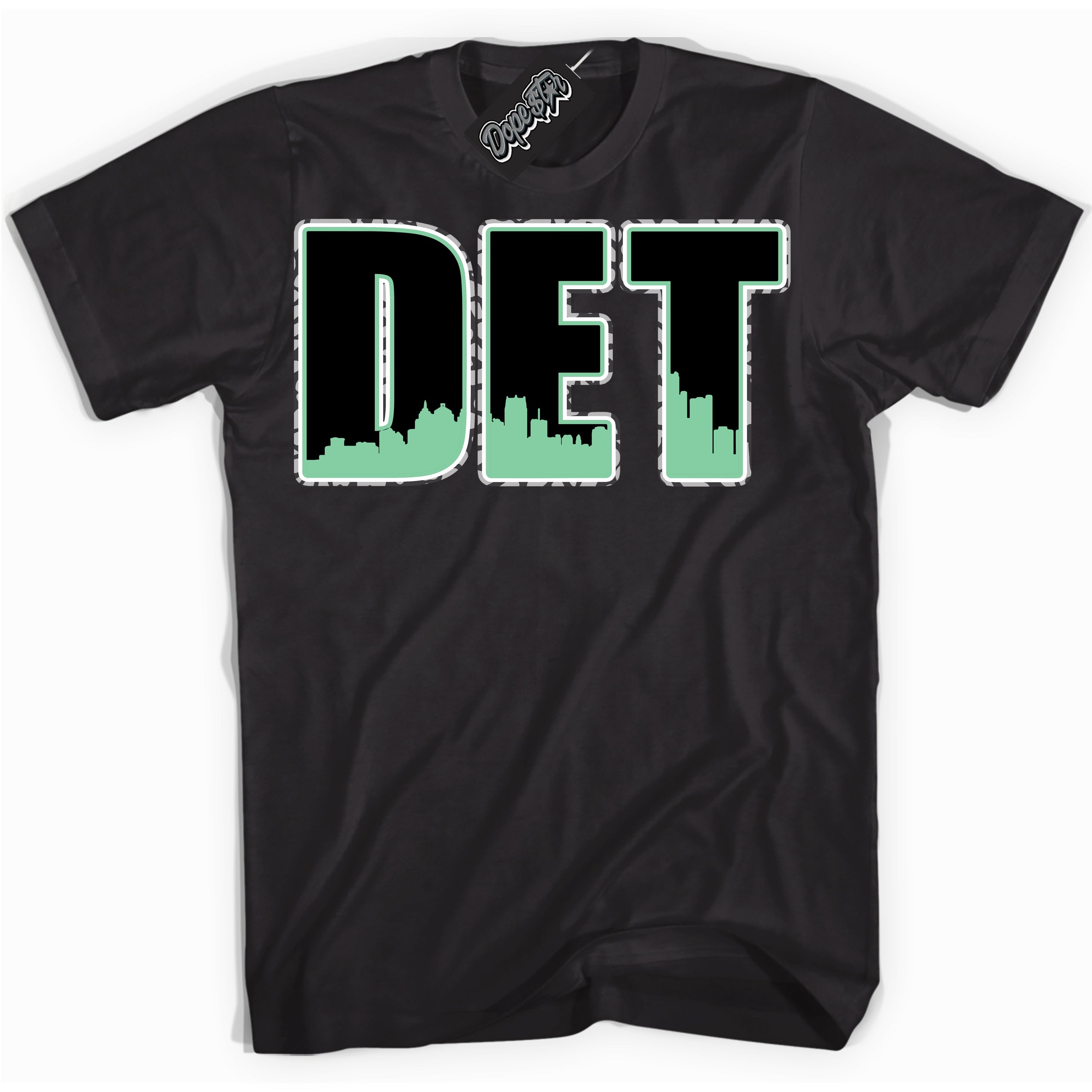 Cool Black graphic tee with “ Detroit ” design, that perfectly matches Green Glow 3s sneakers 