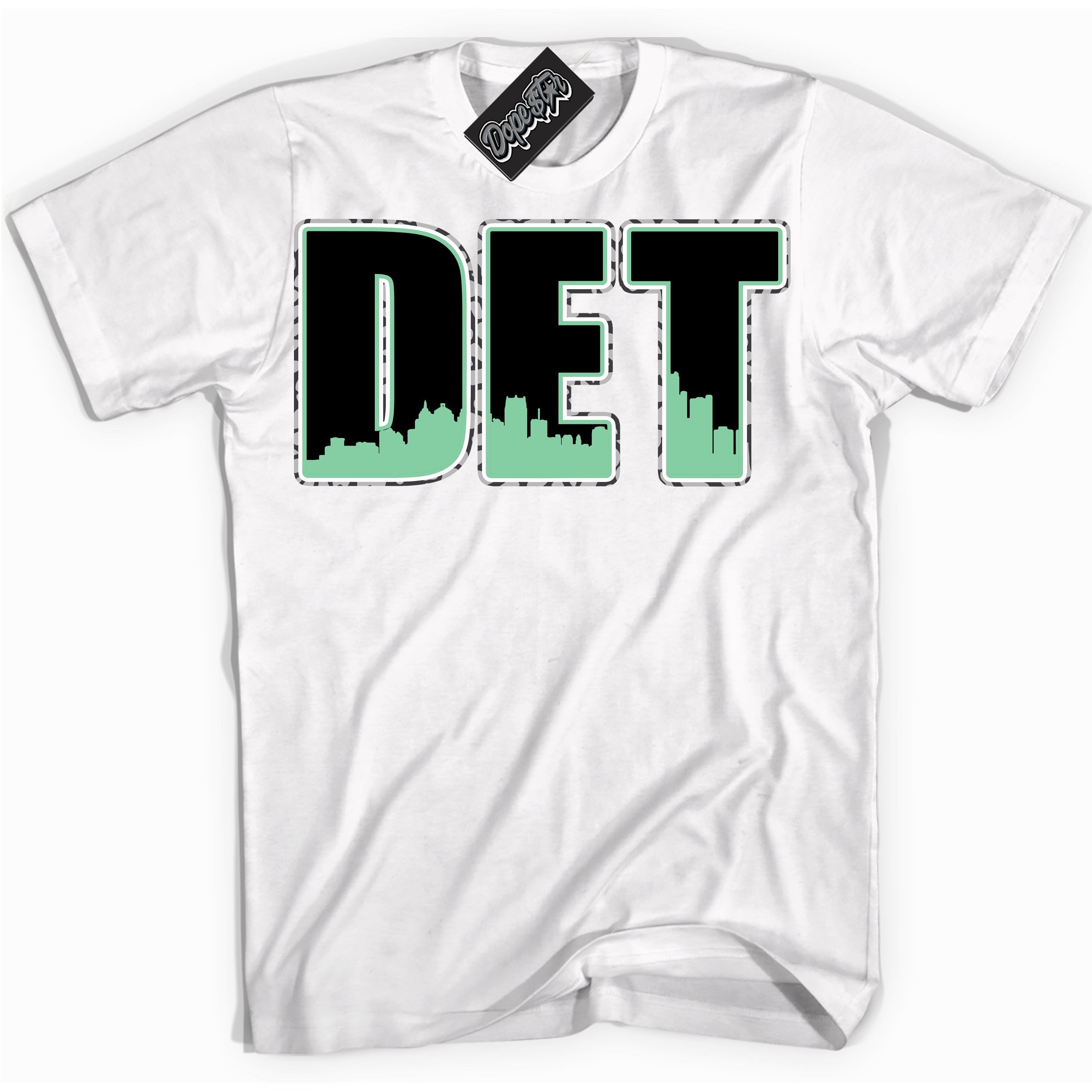 Cool White graphic tee with “ Detroit ” design, that perfectly matches Green Glow 3s sneakers 