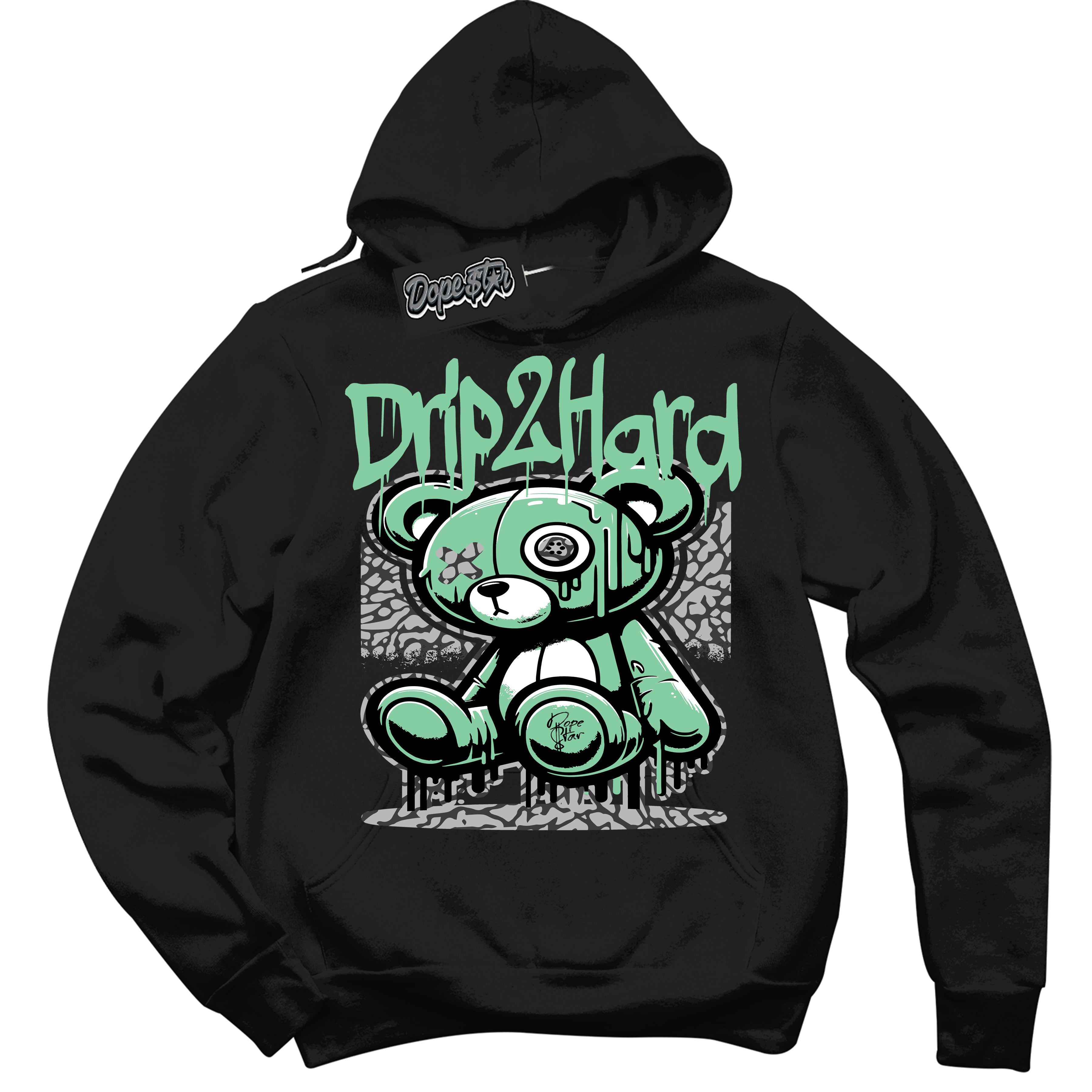 Cool Black Graphic DopeStar Hoodie with “ Drip 2 Hard “ print, that perfectly matches Green Glow 3S sneakers