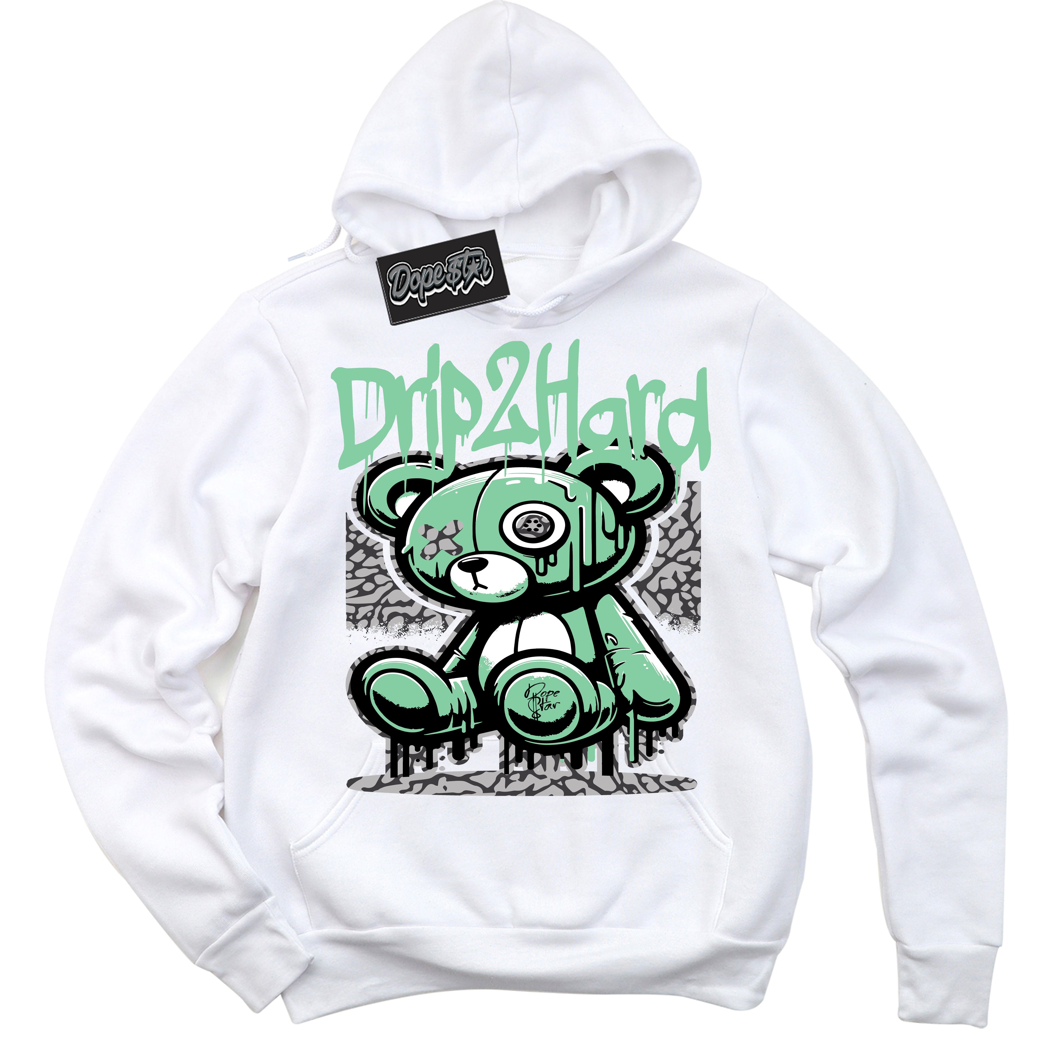 Cool White Graphic DopeStar Hoodie with “ Drip 2 Hard “ print, that perfectly matches Green Glow 3s sneakers