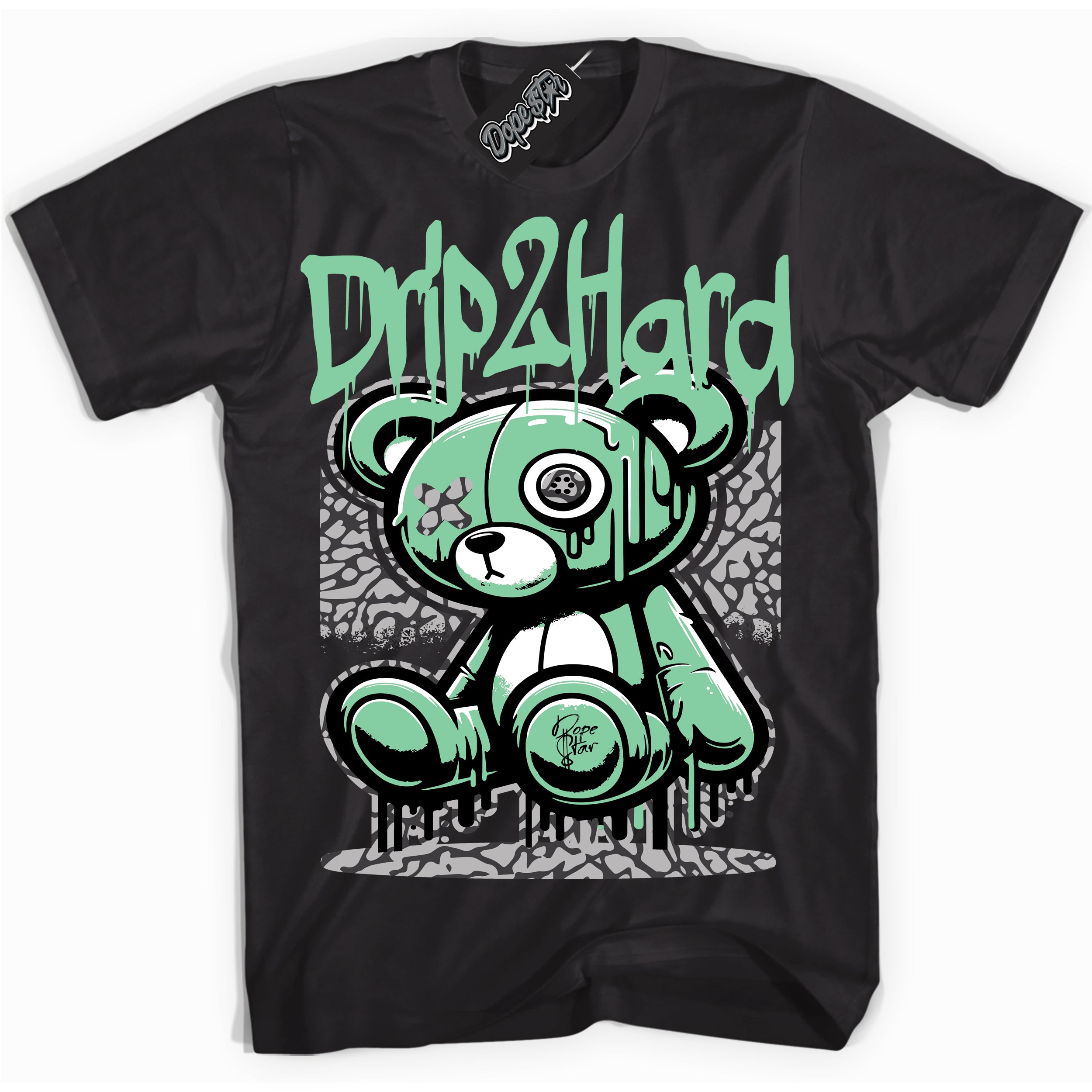 Cool Black graphic tee with “ Drip 2 Hard ” design, that perfectly matches Green Glow 3s sneakers 