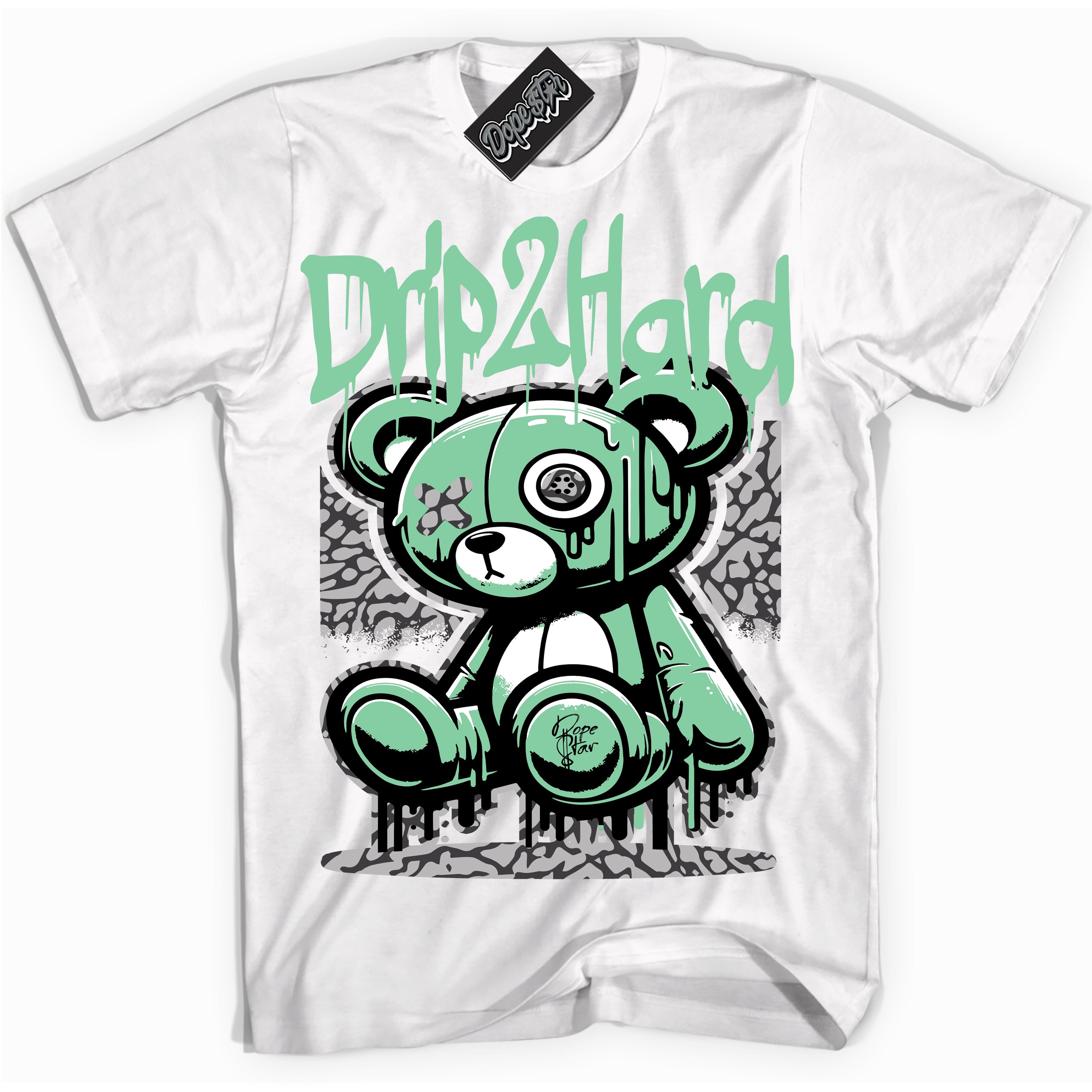 Cool White graphic tee with “ Drip 2 Hard” design, that perfectly matches Green Glow 3s sneakers 