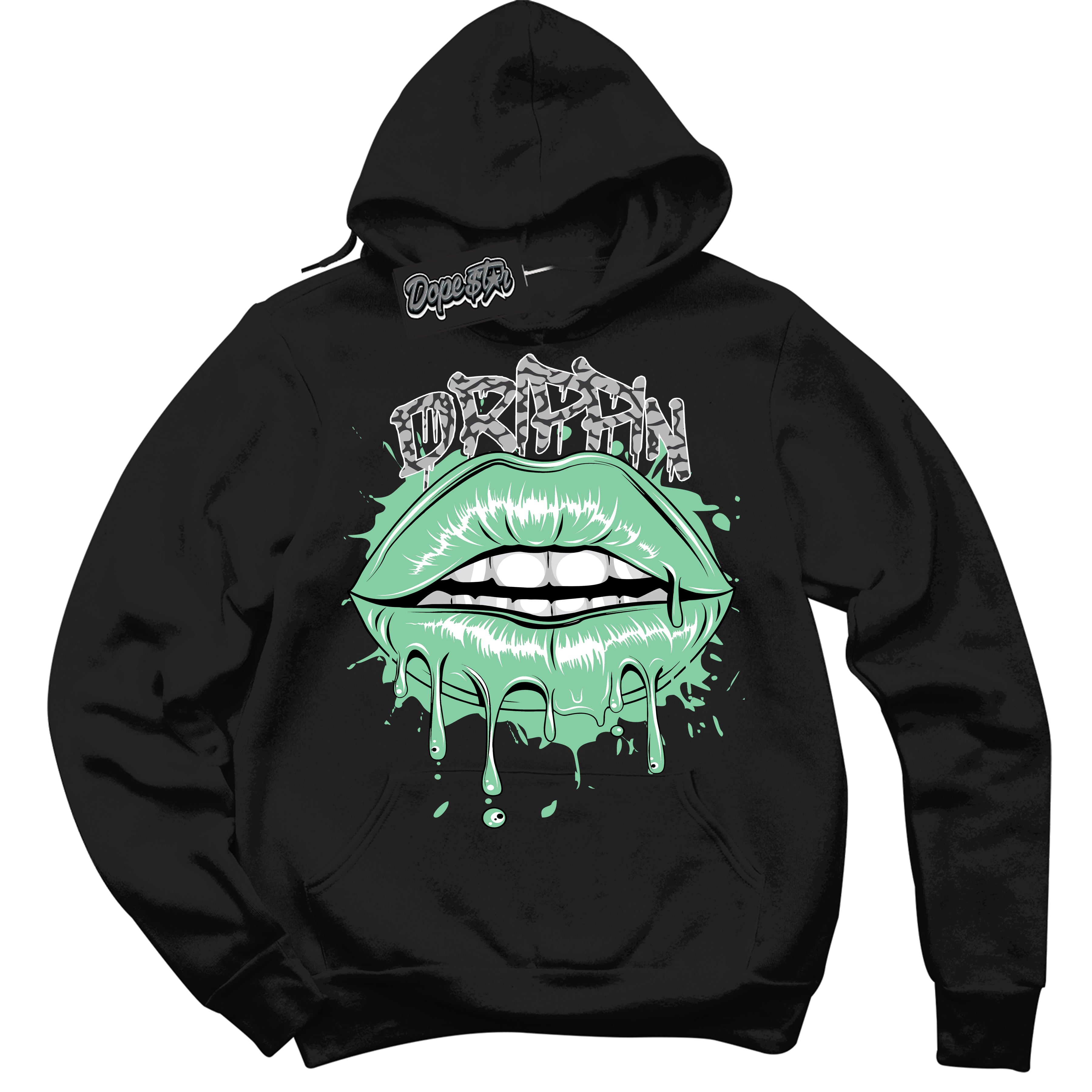 Cool Black Graphic DopeStar Hoodie with “ Drippin “ print, that perfectly matches Green Glow 3S sneakers