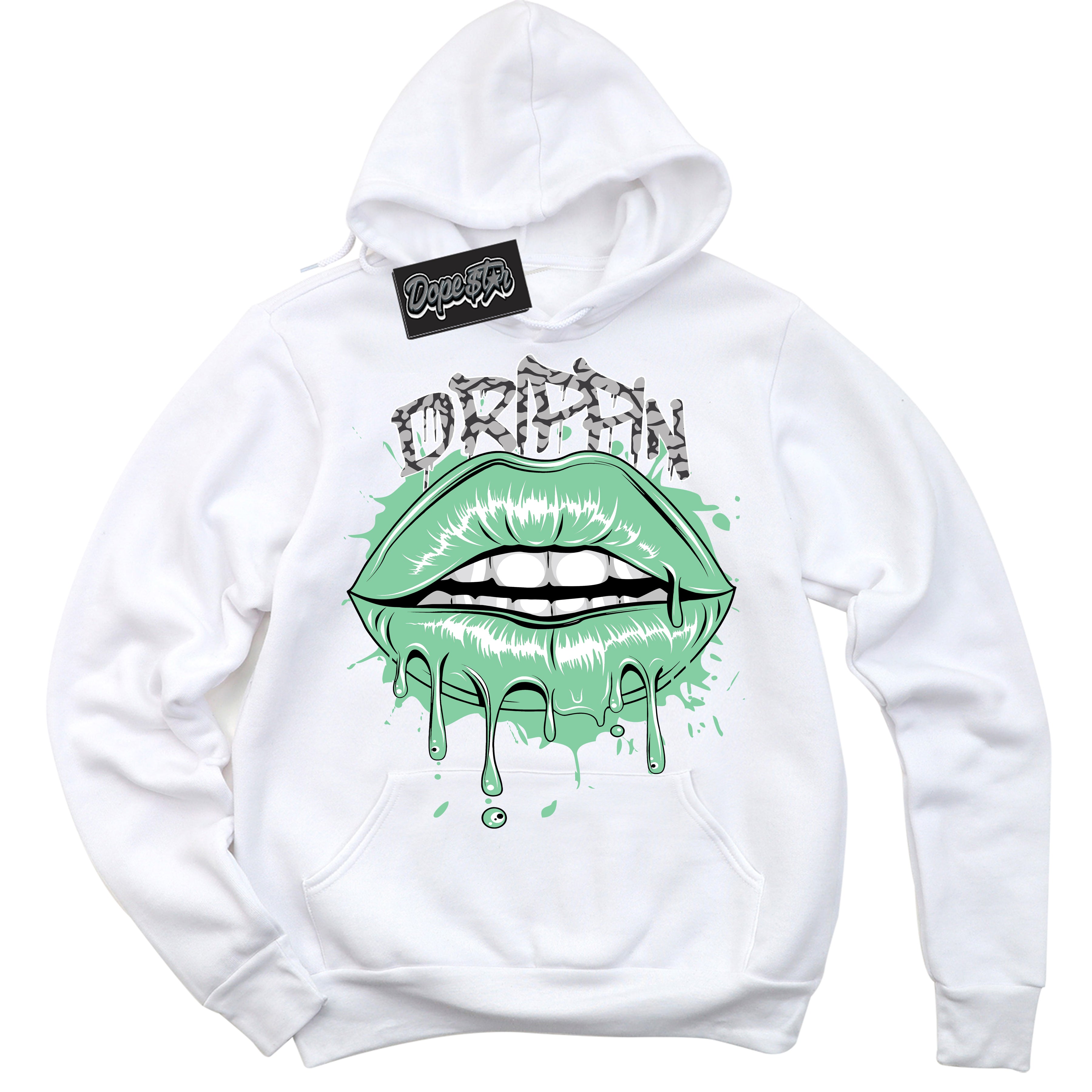 Cool White Graphic DopeStar Hoodie with “ Drippin “ print, that perfectly matches Green Glow 3s sneakers