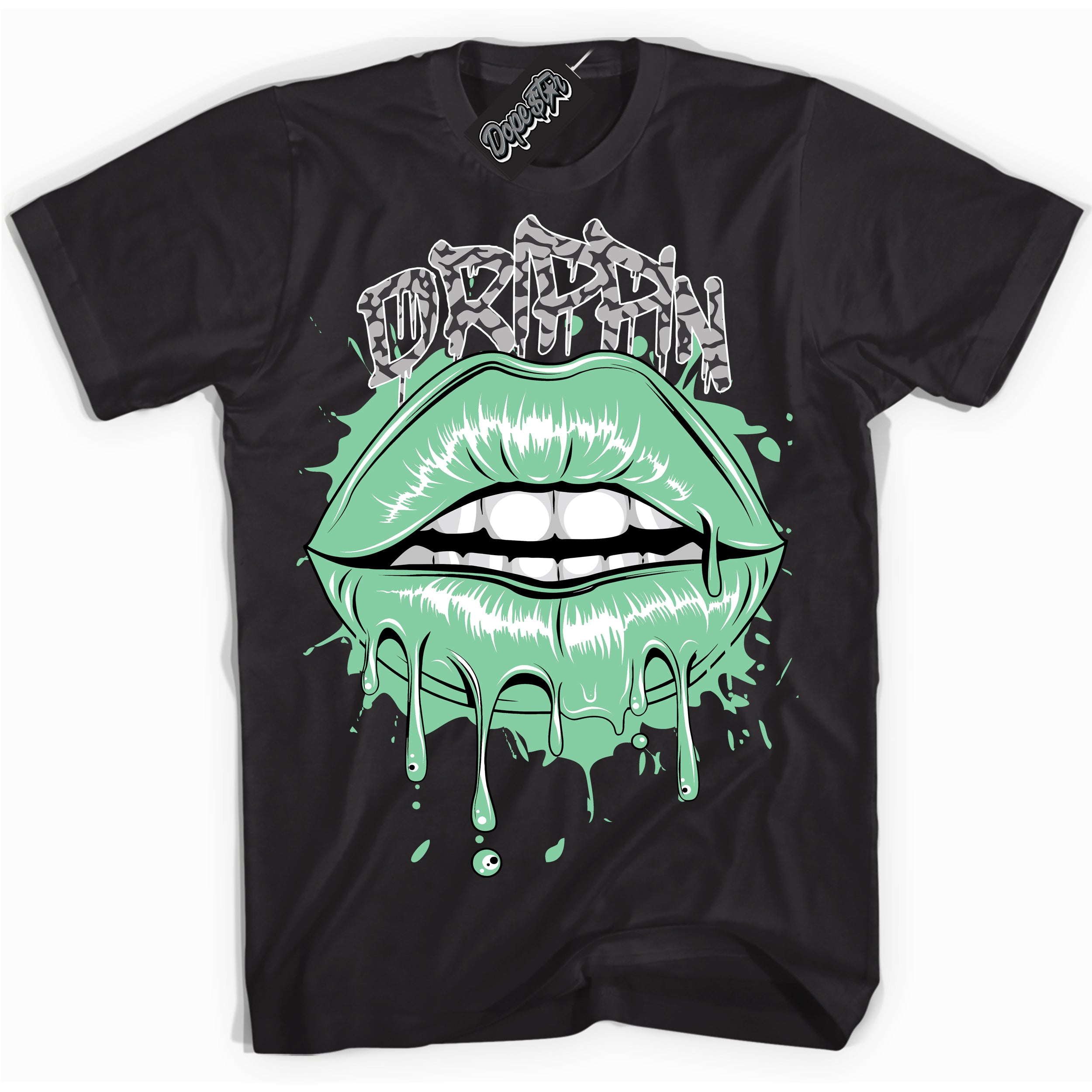 Cool Black graphic tee with “ Drippin ” design, that perfectly matches Green Glow 3s sneakers 