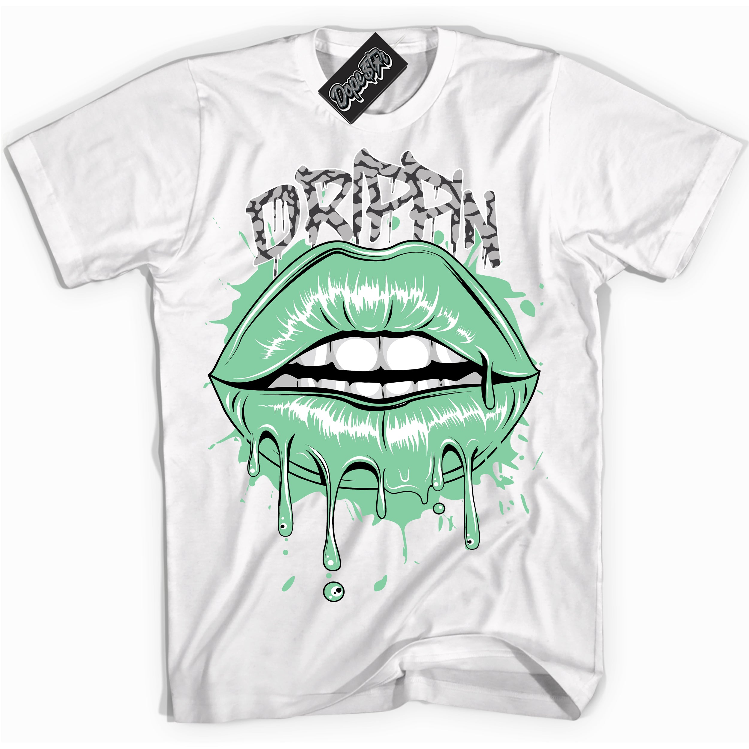 Cool White graphic tee with “ Drippin” design, that perfectly matches Green Glow 3s sneakers 
