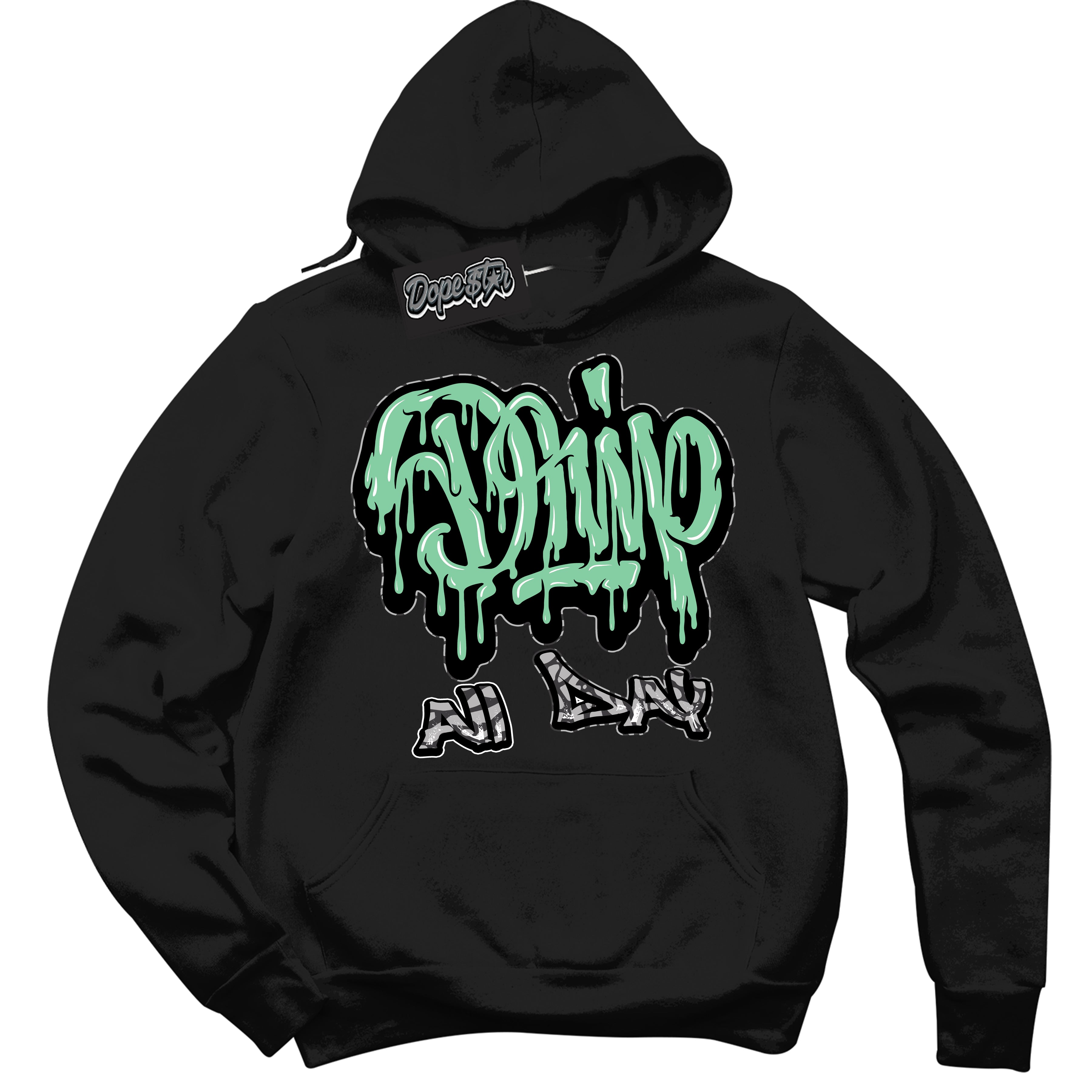 Cool Black Graphic DopeStar Hoodie with “ Drip All Day “ print, that perfectly matches Green Glow 3S sneakers