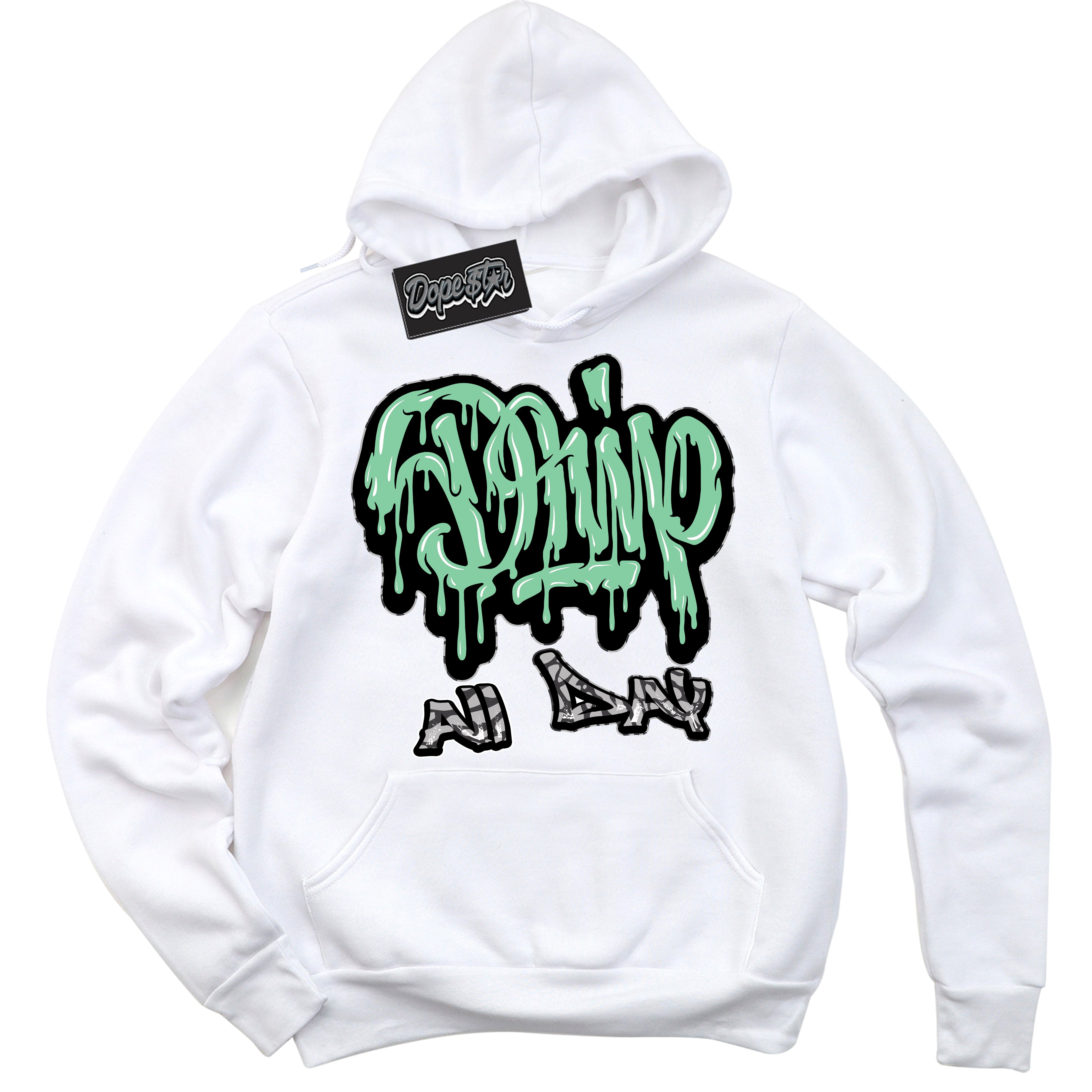 Cool White Graphic DopeStar Hoodie with “ Drip All Day “ print, that perfectly matches Green Glow 3s sneakers