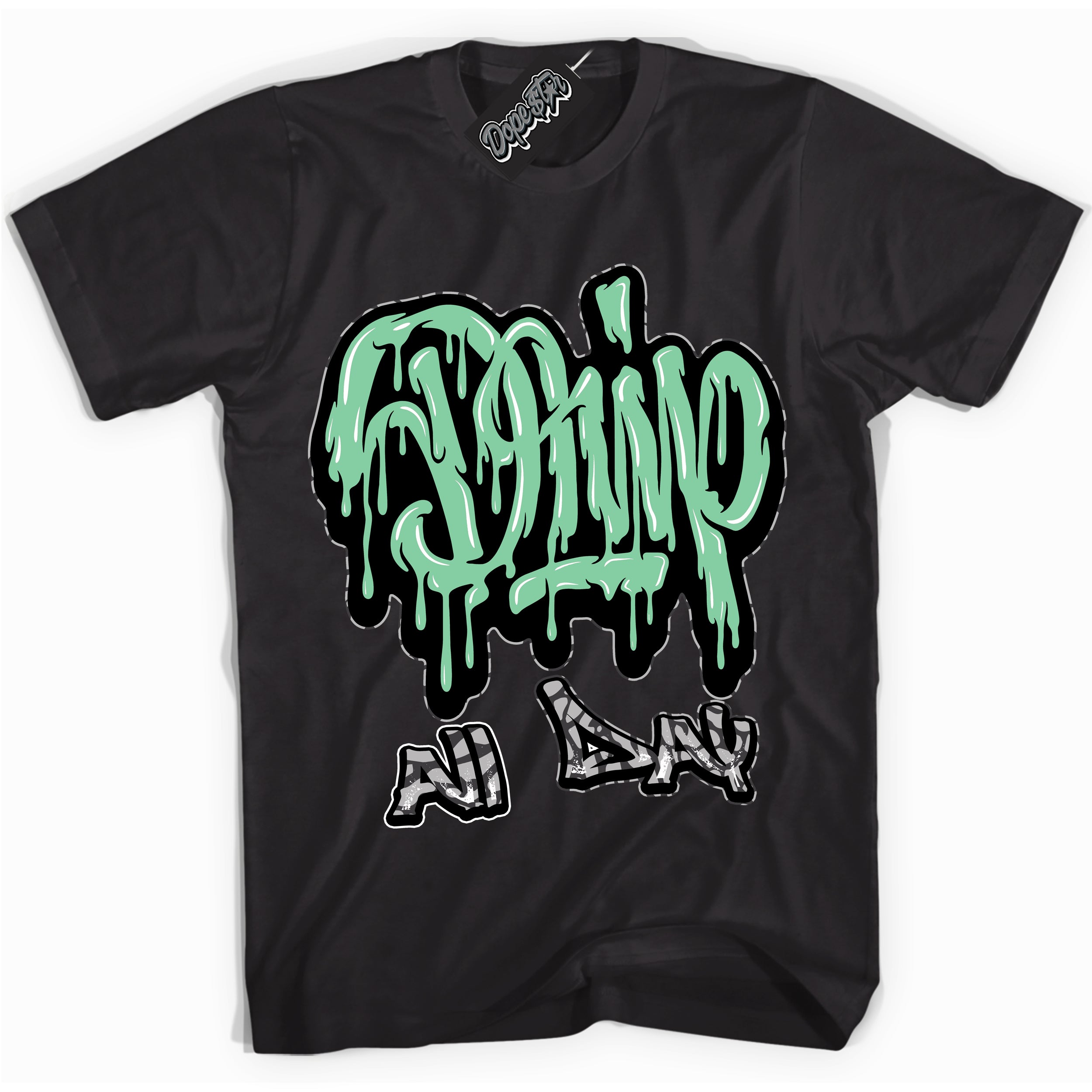 Cool Black graphic tee with “ Drip All Day ” design, that perfectly matches Green Glow 3s sneakers 