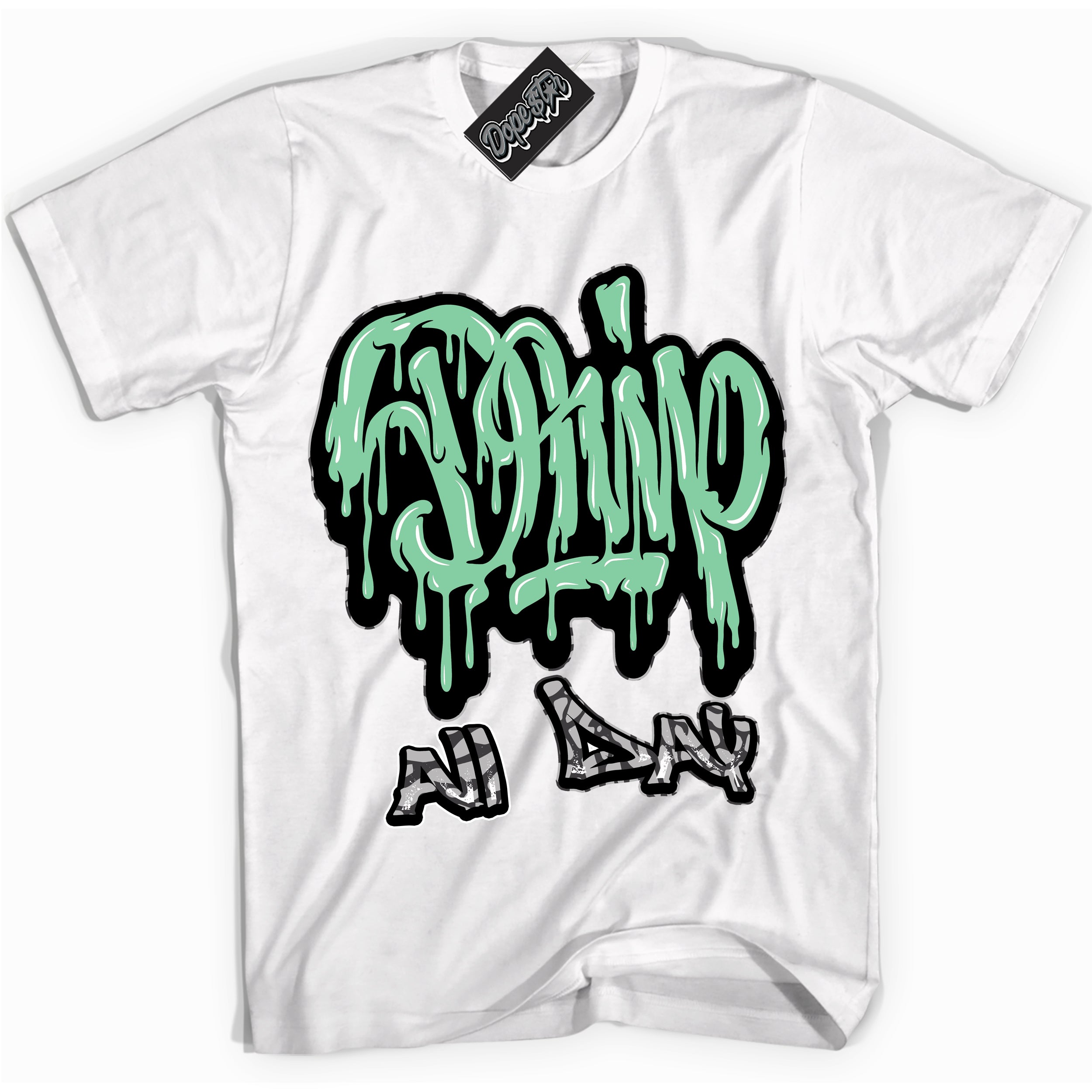 Cool White graphic tee with “ Drip All Day ” design, that perfectly matches Green Glow 3s sneakers 