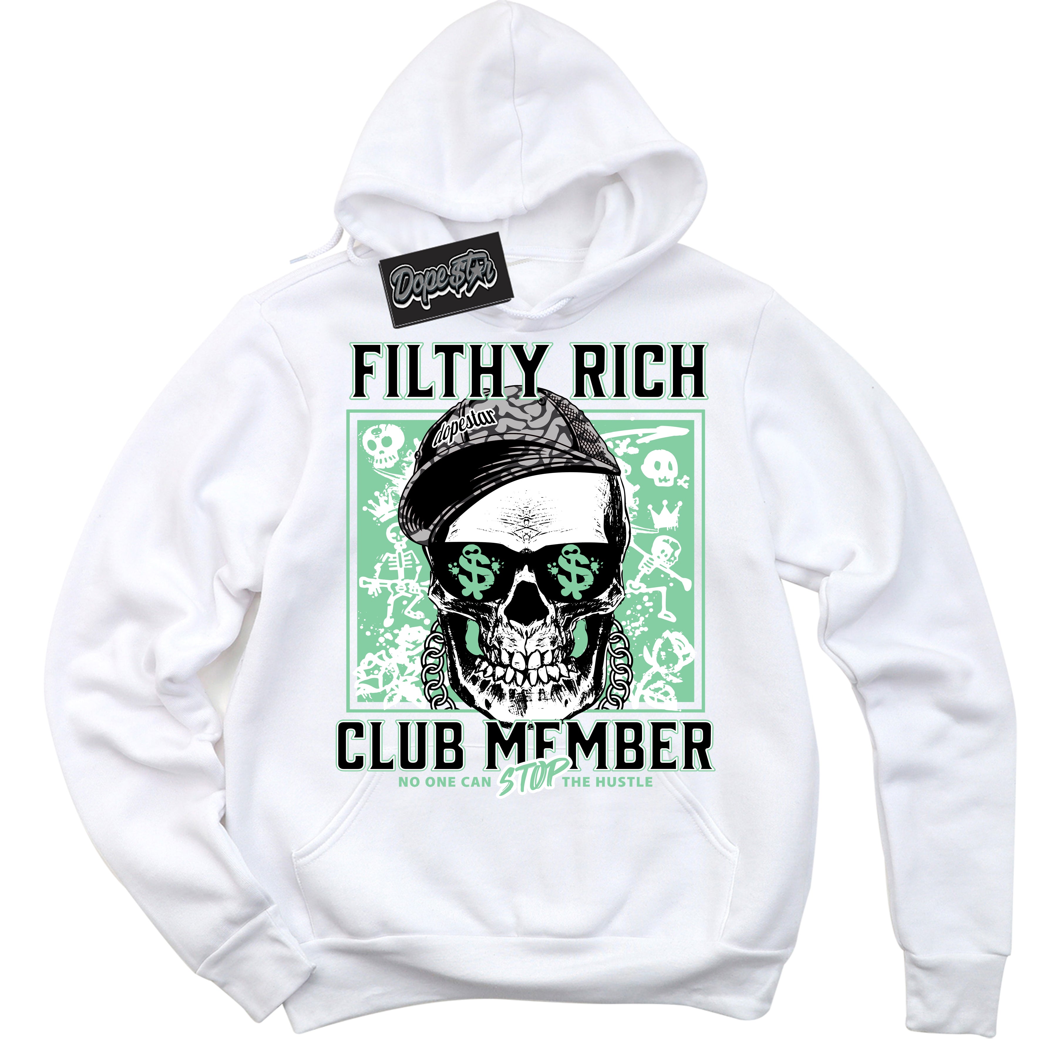 Cool White Hoodie with “ Filthy Rich ”  design that Perfectly Matches Green Glow 3s Sneakers.