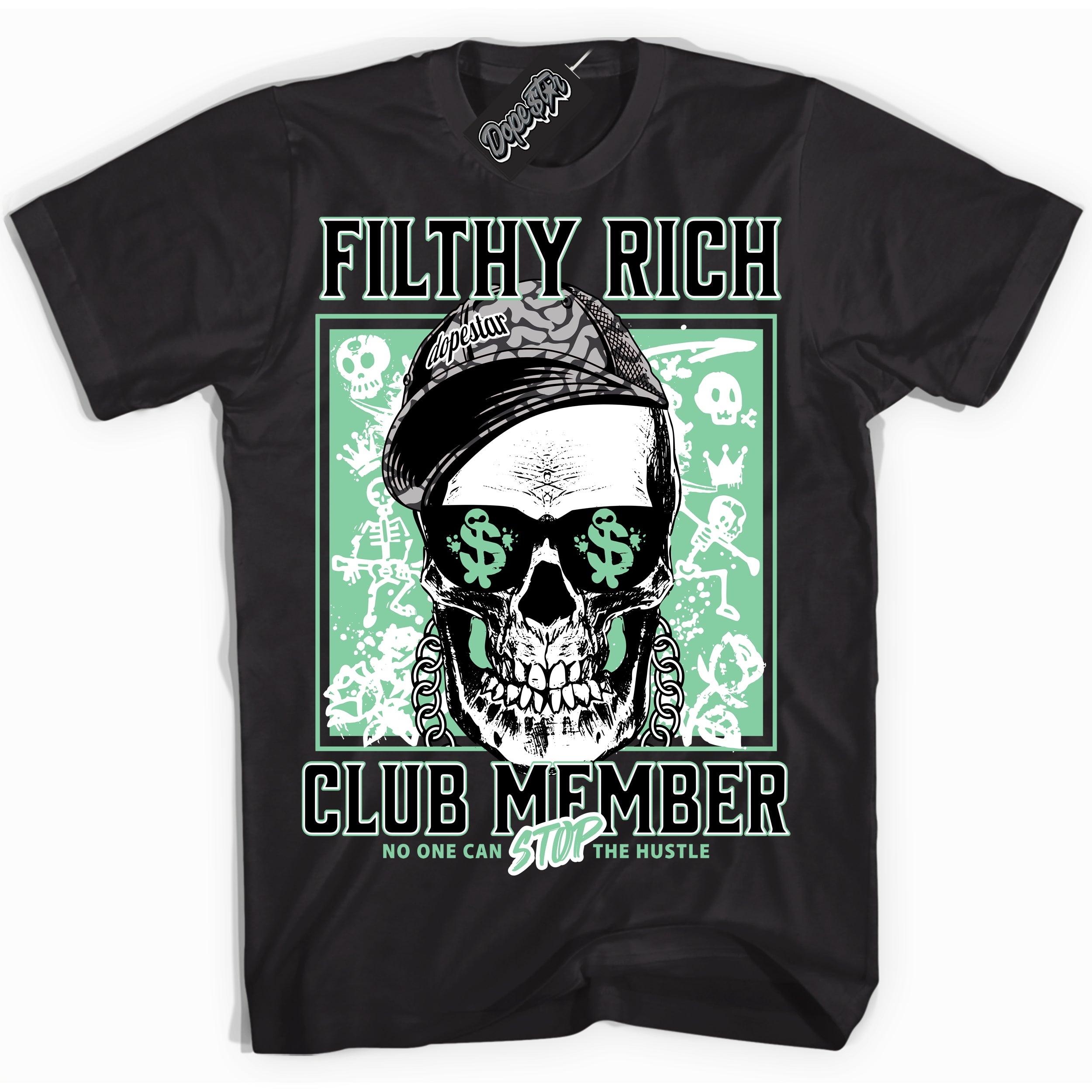 Cool Black Shirt with “ Filthy Rich” design that perfectly matches Green Glow 3s Sneakers.