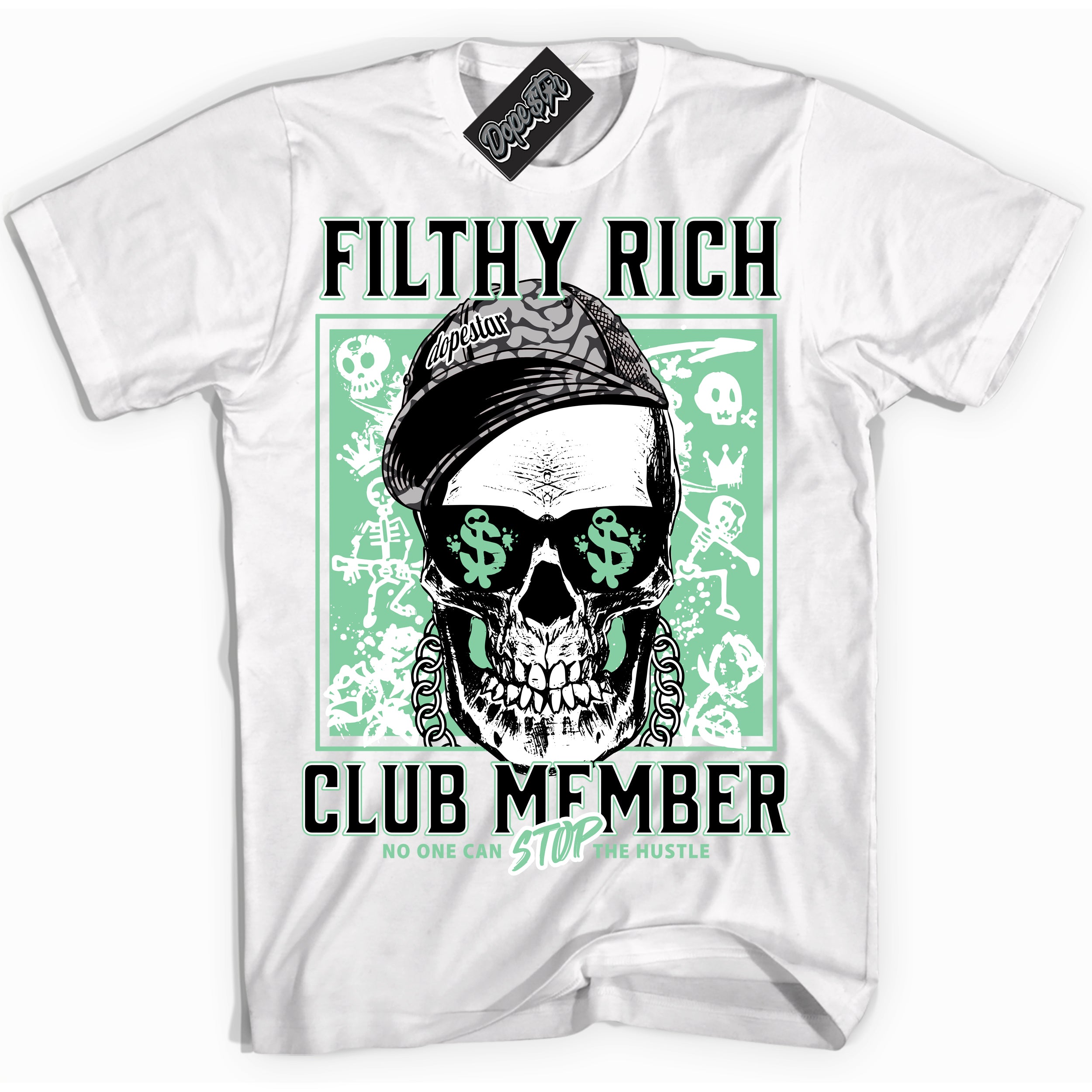 Cool White Shirt with “ Filthy Rich” design that perfectly matches Green Glow 3s Sneakers.