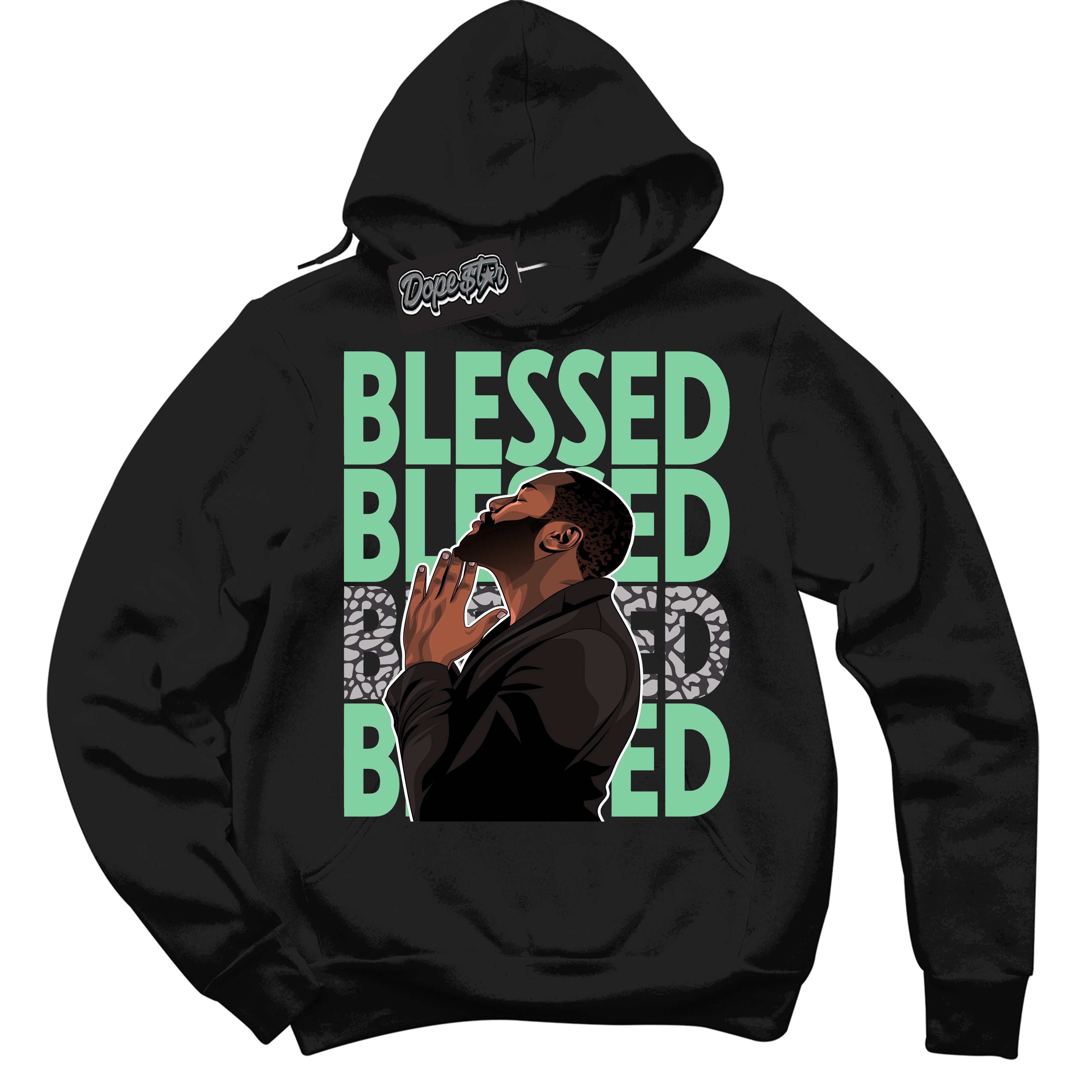 Cool Black Graphic DopeStar Hoodie with “ God Blessed “ print, that perfectly matches Green Glow 3S sneakers
