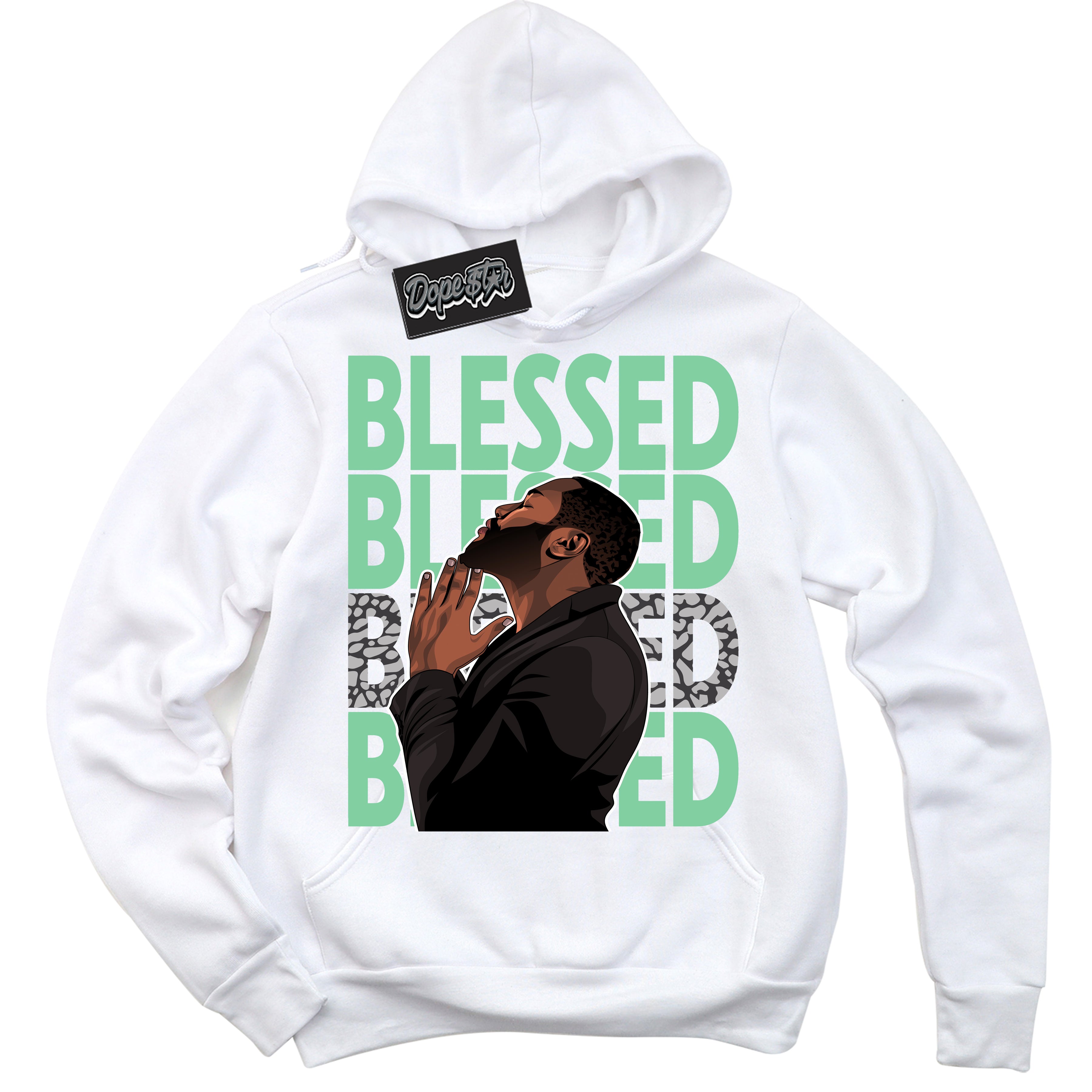 Cool White Graphic DopeStar Hoodie with “ God Blessed “ print, that perfectly matches Green Glow 3s sneakers