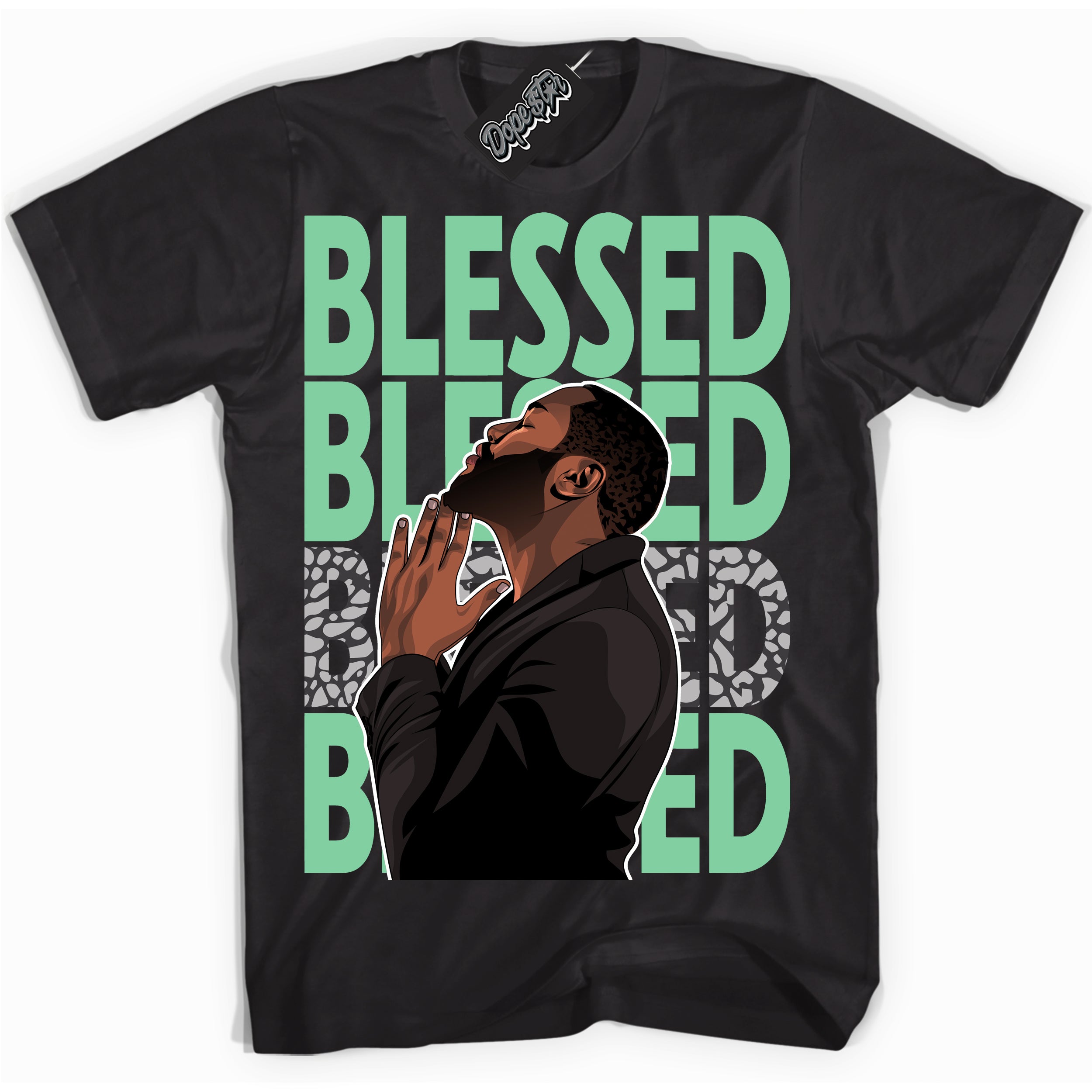 Cool Black graphic tee with “ God Blessed ” design, that perfectly matches Green Glow 3s sneakers 