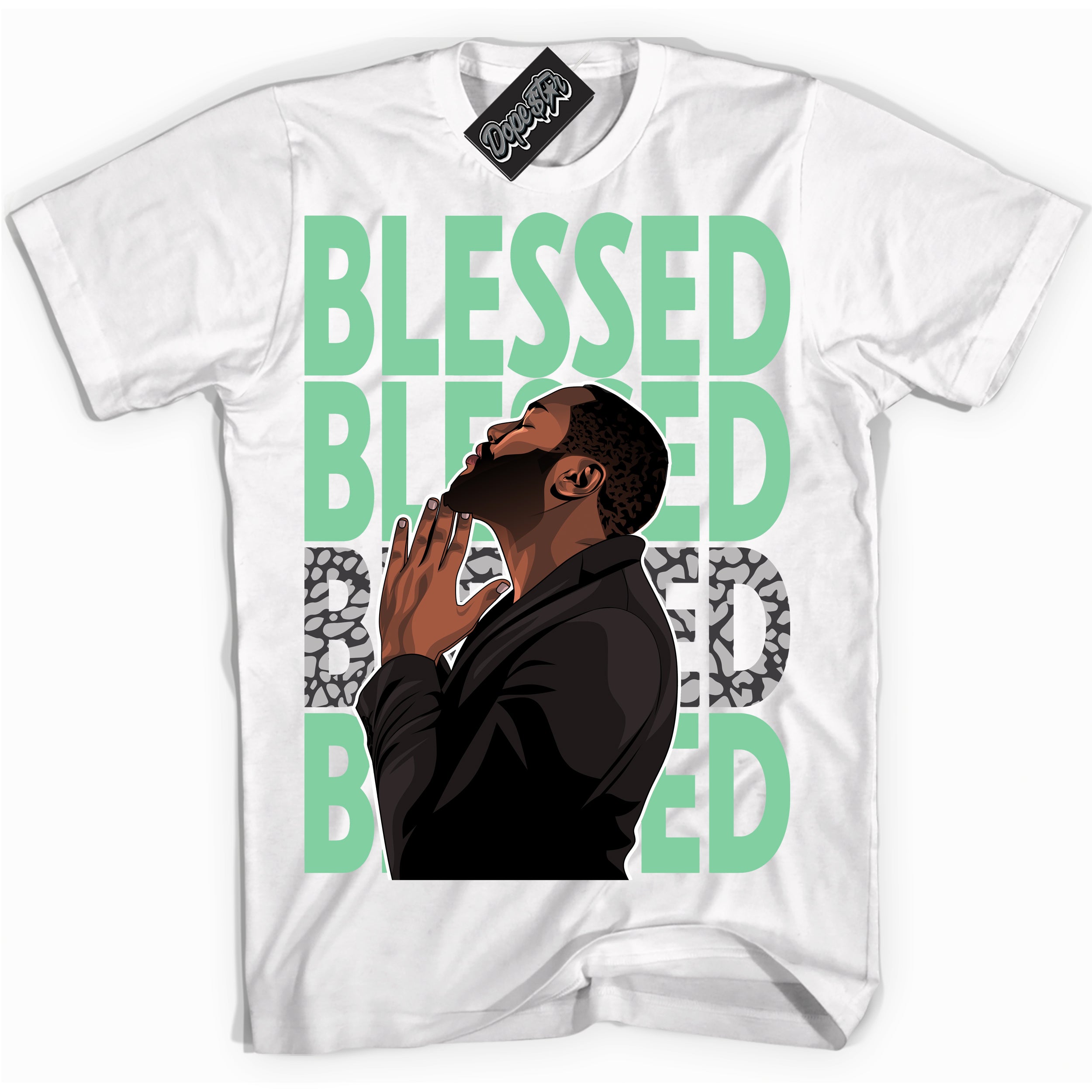 Cool White graphic tee with “ God Blessed ” design, that perfectly matches Green Glow 3s sneakers 