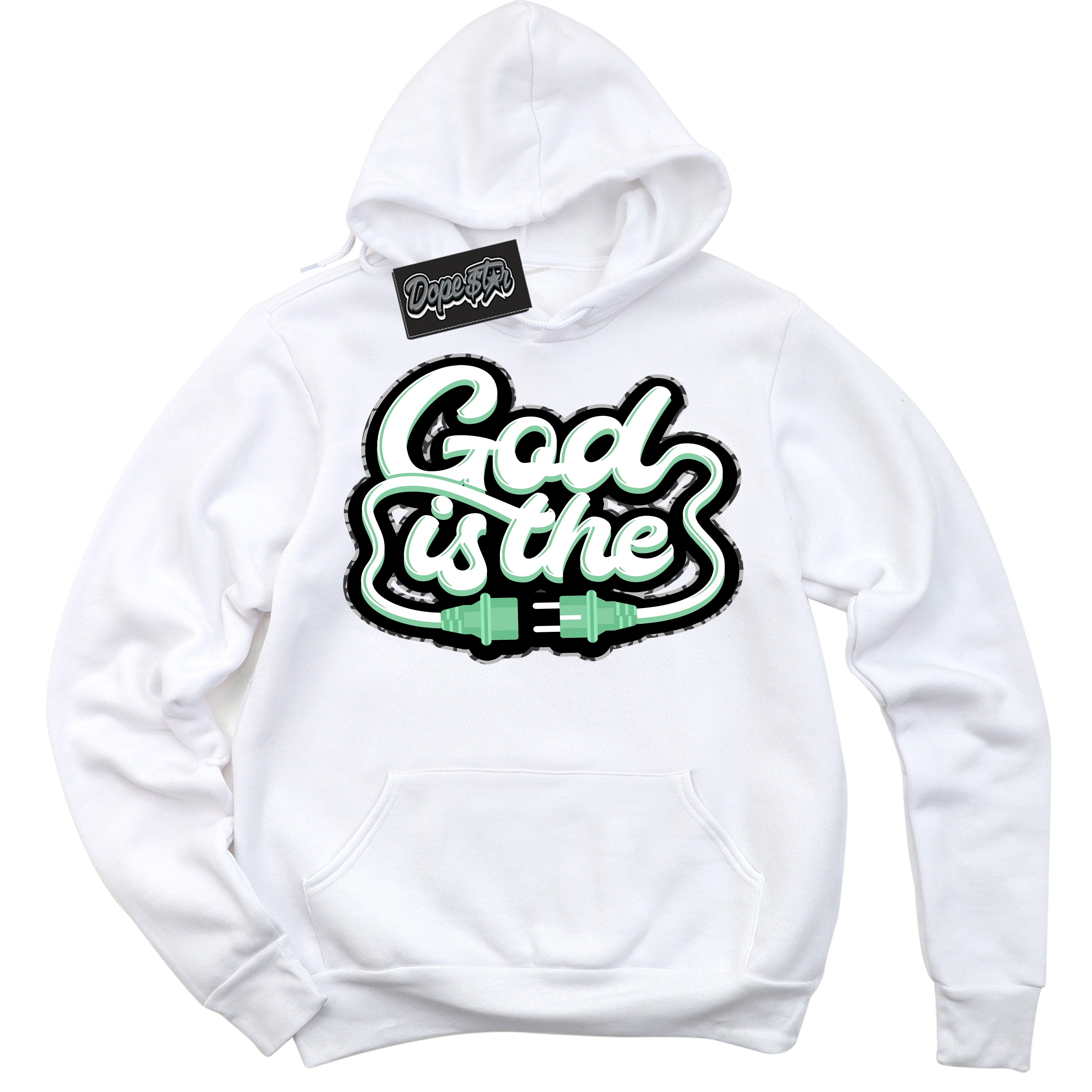 Cool White Graphic DopeStar Hoodie with “ God Is The “ print, that perfectly matches Green Glow 3s sneakers