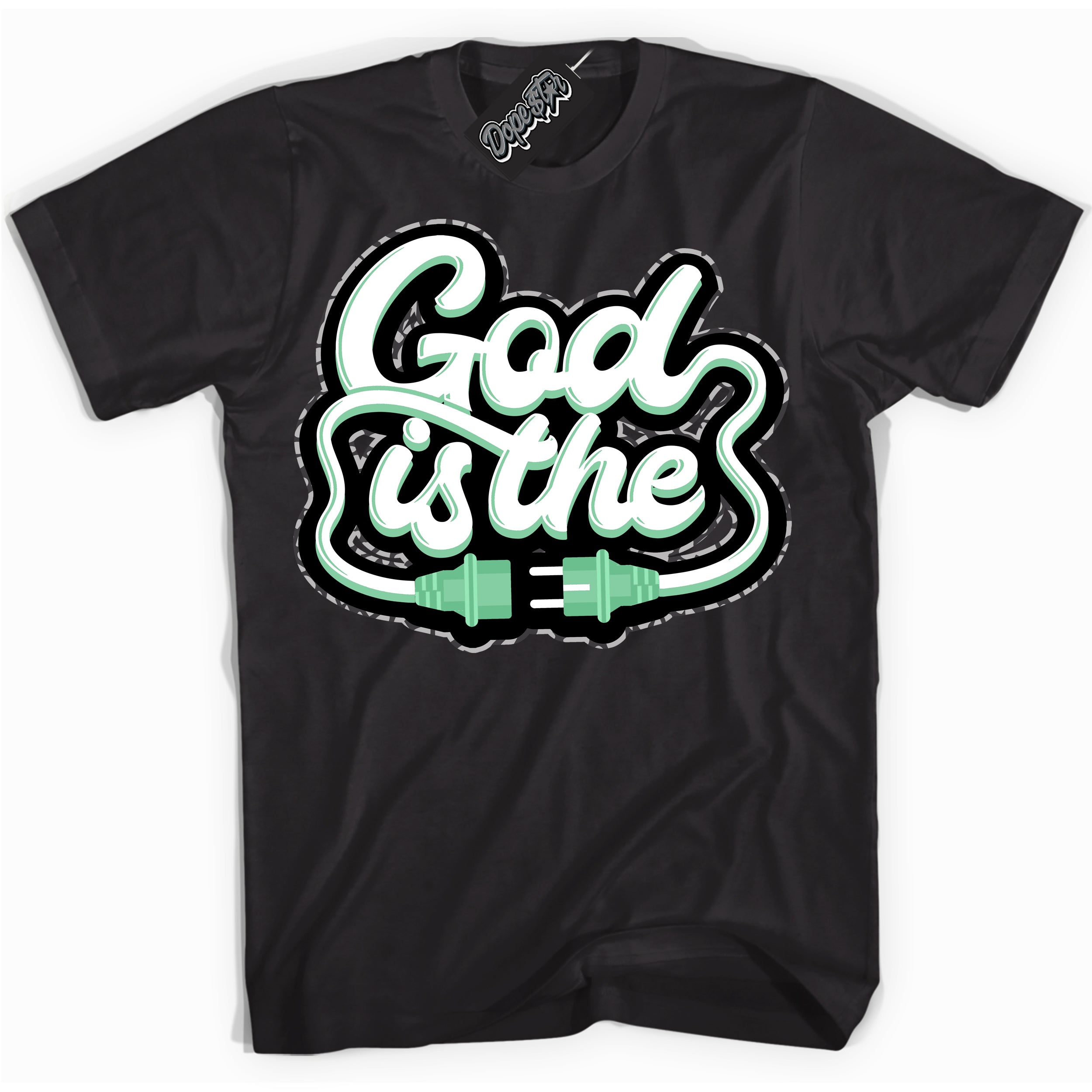 Cool Black graphic tee with “ God Is The ” design, that perfectly matches Green Glow 3s sneakers 