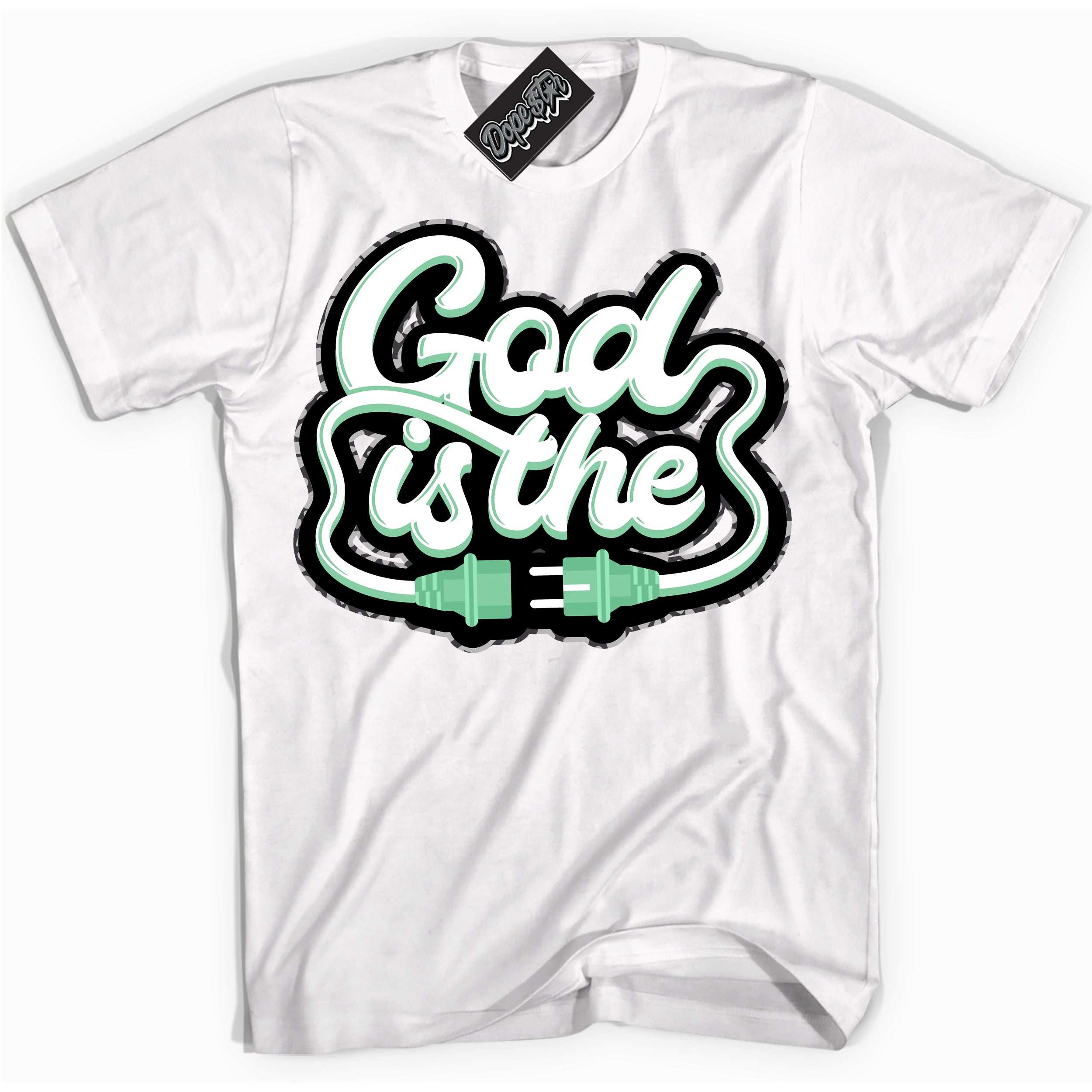 Cool White graphic tee with “ God Is The ” design, that perfectly matches Green Glow 3s sneakers 