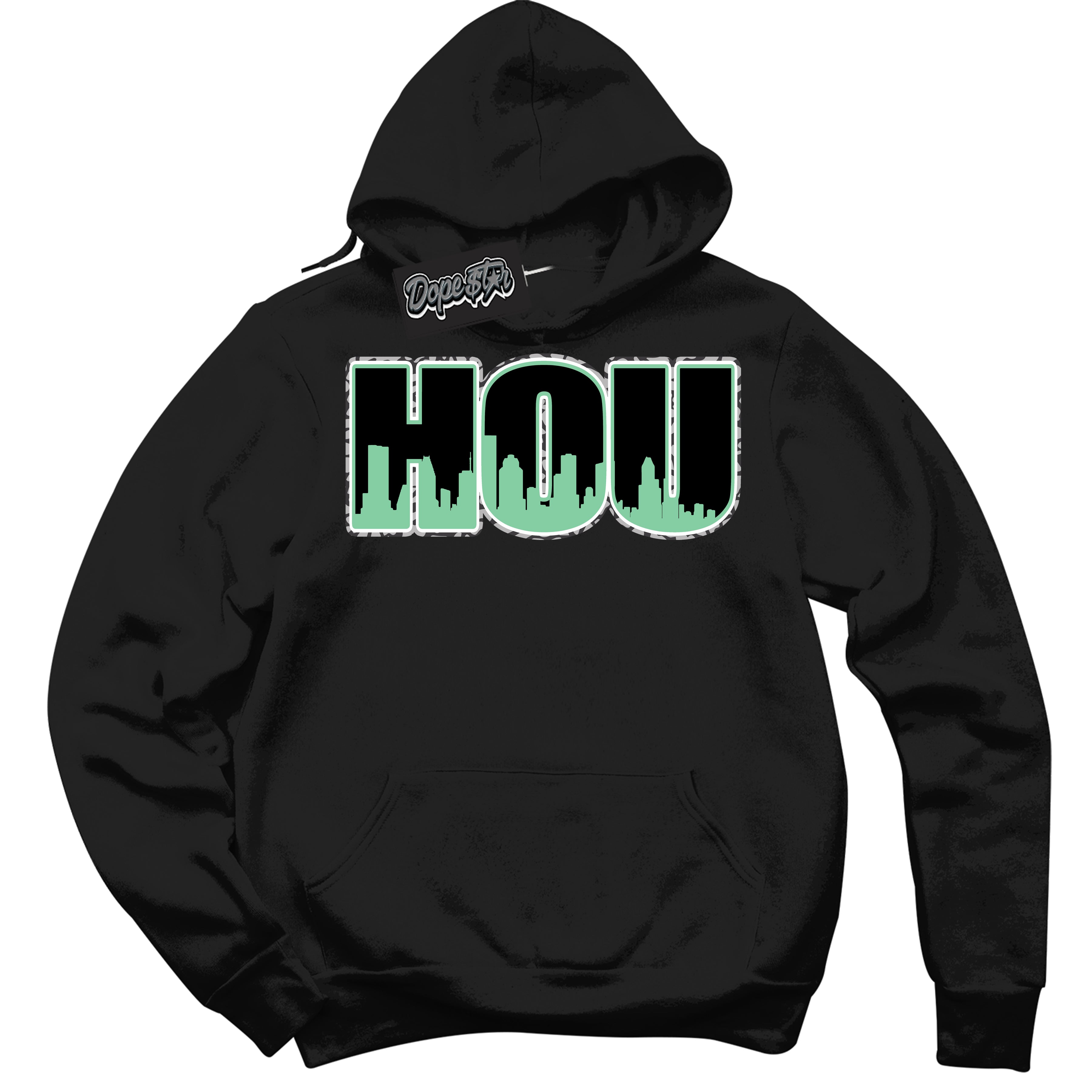 Cool Black Graphic DopeStar Hoodie with “ Houston “ print, that perfectly matches Green Glow 3S sneakers